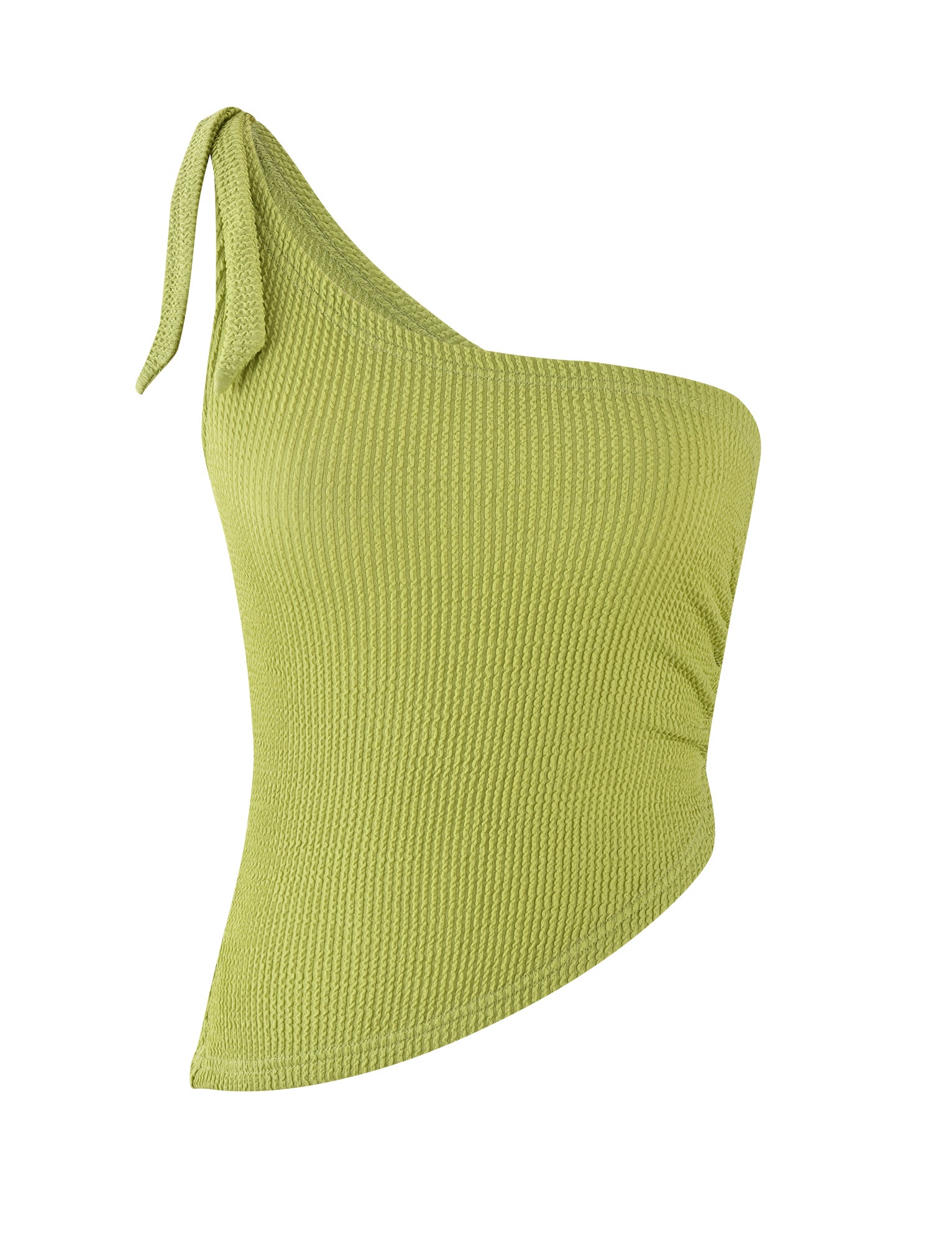 Introducing the DEANNA TOP - GREEN : LIME GREEN by TIGERMIST, a stylish sleeveless, one-shoulder top featuring a ribbed texture. This light green top boasts an asymmetrical hemline and is adorned with a small bow on the single shoulder strap, offering a soft and stretchy fabric for added comfort.