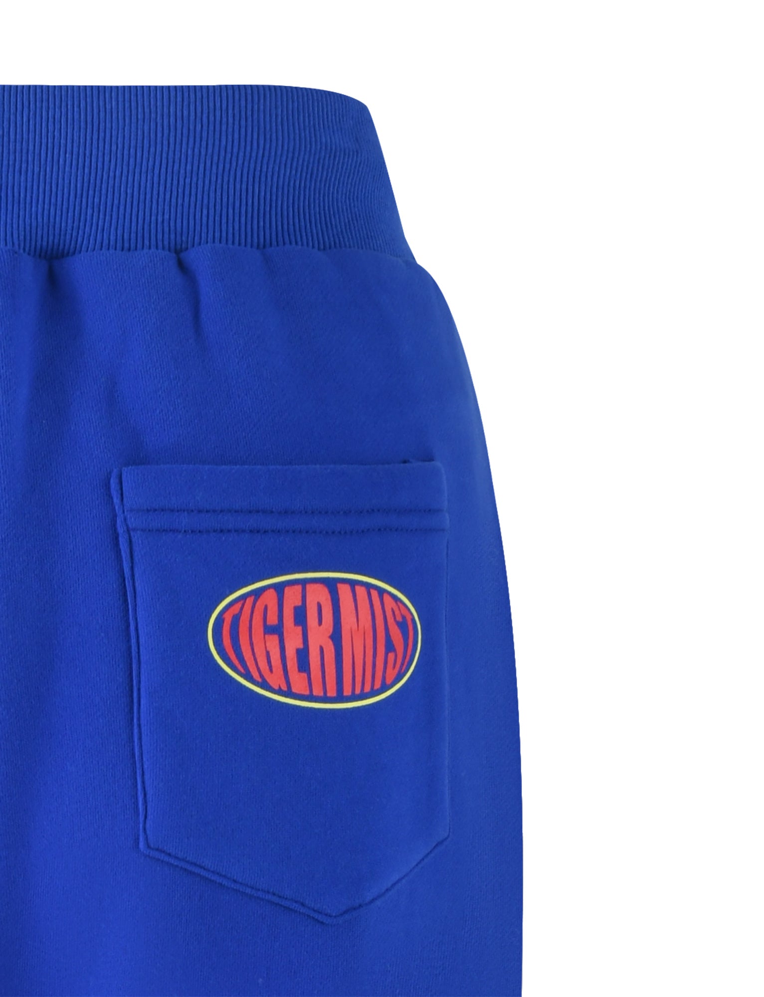 Close-up of the blue LUMEN PANT by TIGERMIST, featuring a rear pocket adorned with an oval patch. The patch showcases the vibrant text "Tiger Mist" in bold red letters outlined in yellow, set against a blue background.