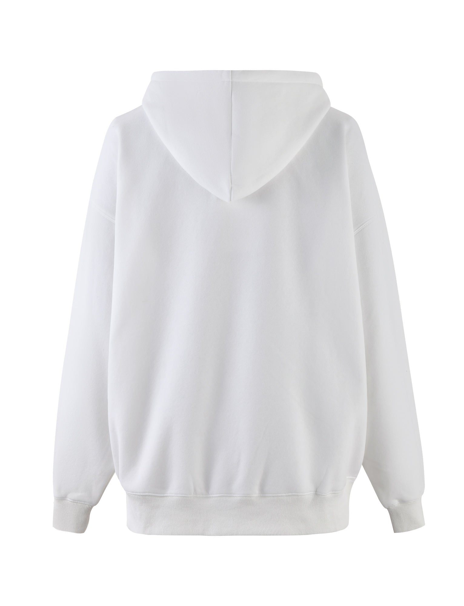 The image showcases the back view of the LUMEN HOODIE - WHITE by TIGERMIST. This loungewear hoodie features an oversized silhouette with a large, relaxed fit, hood, long sleeves, and ribbed cuffs and hem. It also includes a kangaroo pocket that enhances its casual vibe. The fabric looks soft and comfortable, ideal for everyday wear.