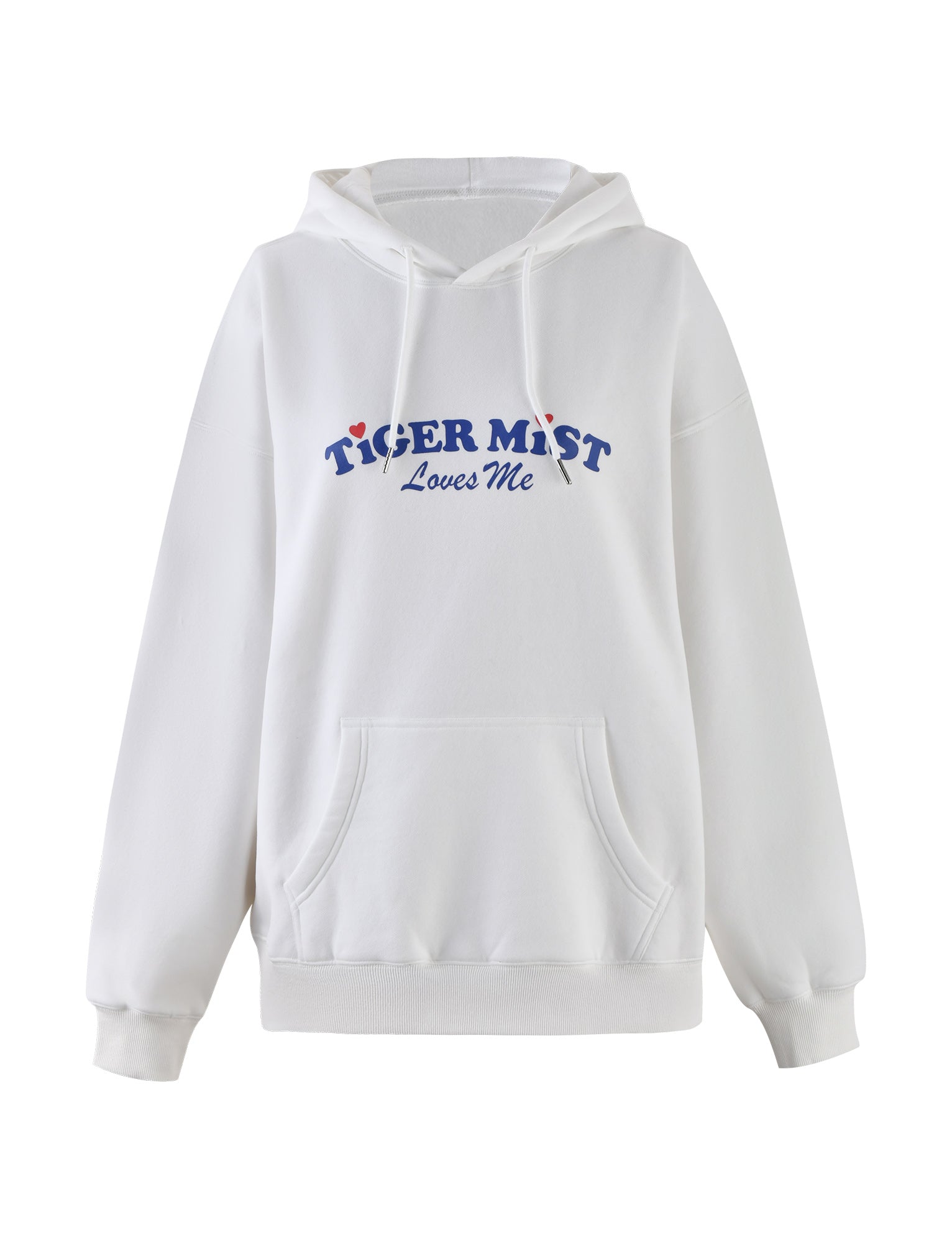 The LUMEN HOODIE - WHITE by TIGERMIST is an oversized loungewear piece that features a kangaroo pocket and has "TIGER MIST Loves Me" printed in blue letters.