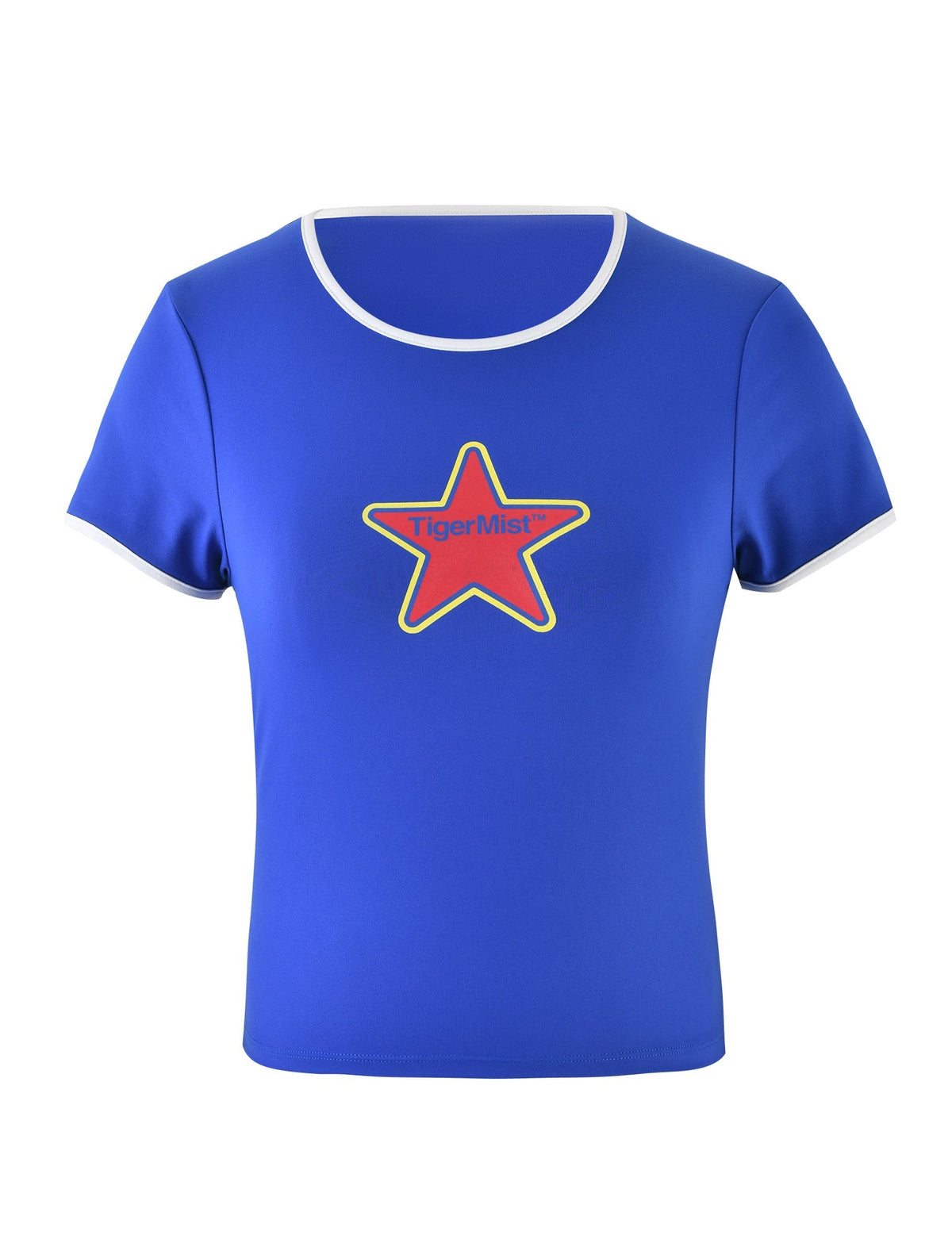 The DELANEY TEE - BLUE from TIGERMIST is a stylish blue short-sleeved shirt featuring white trim on the neckline and sleeves. The centerpiece of the design is a large red star outlined in yellow on the chest, with "TigerMist" written in red inside the star, encapsulating the brand's bold aesthetic.