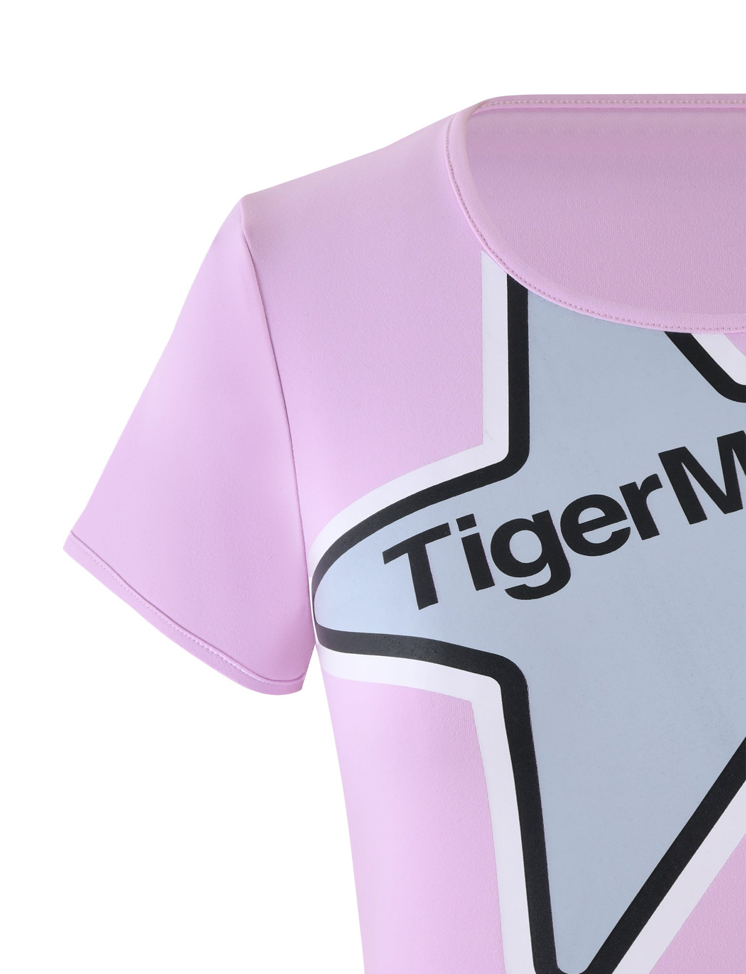 Close-up of the TIGERMIST DELANEY TEE in light pink with short sleeves and a crew neckline. The shirt features a large star graphic with a contrasting outline on the front, and inside the star, the text "TigerMax" is printed. Only the upper half of this fitted silhouette t-shirt is visible.
