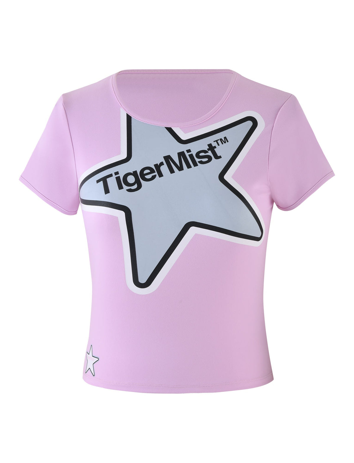 Introducing the DELANEY TEE - PINK by TIGERMIST: a fitted, short-sleeve crop top in pink, adorned with a large gray star graphic and "Tiger Mist™" text in black. This crew neckline loungewear tee is finished off with a small white star at the bottom left side.