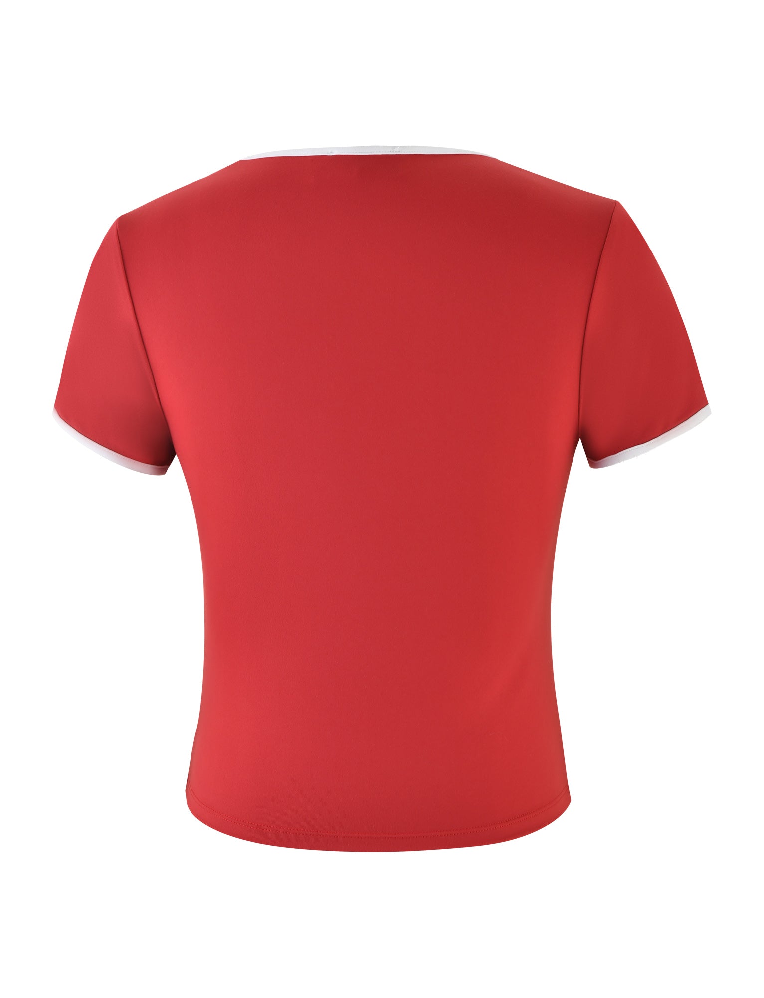 A back view of the DELANEY TEE - RED, a short-sleeved shirt from TIGERMIST featuring a white collar and white sleeve hems. The minimalist design, free of any visible logos or patterns, is displayed against a plain white background and perfectly captures the understated elegance associated with the Tiger Mist brand.
