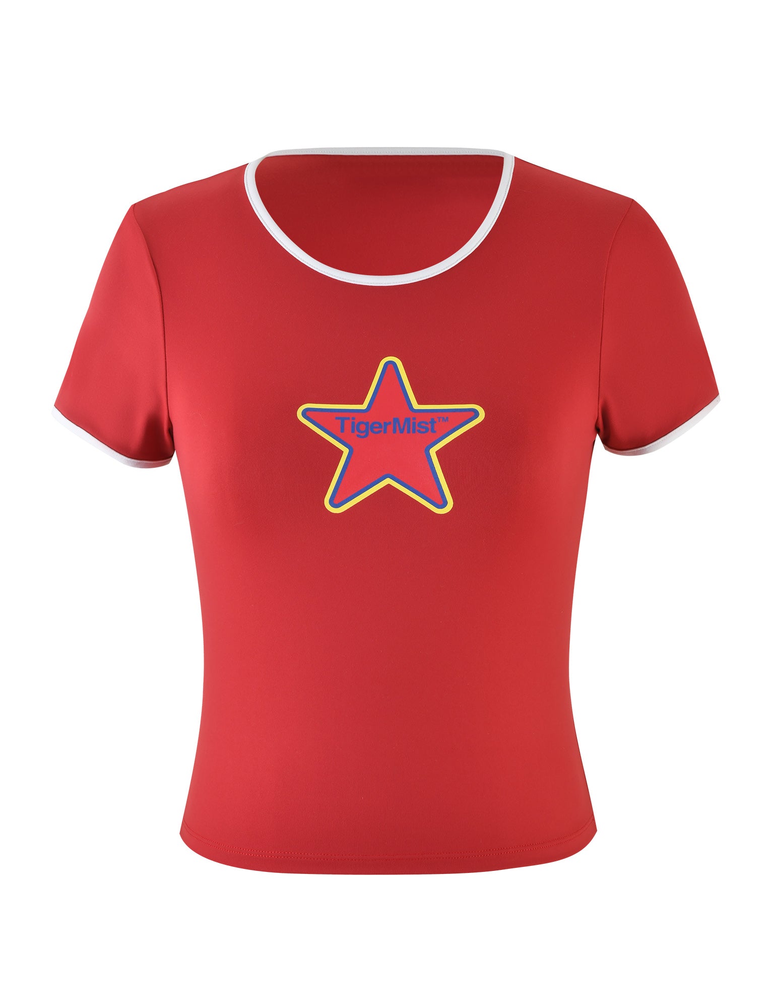 A red DELANEY TEE from TIGERMIST featuring white trim around the collar and sleeves. The front of the tee showcases a large yellow star with blue outlines and "TigerMist" text in blue printed at the center, perfect for displaying your Tiger Mist pride.