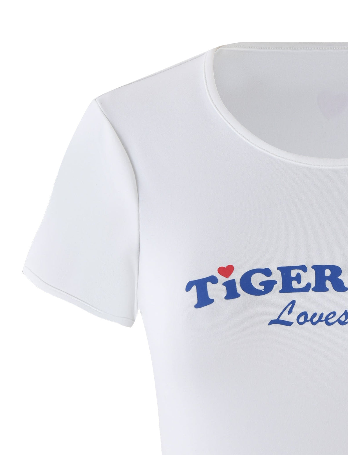 Close-up of the DELANEY TEE - WHITE by TIGERMIST, featuring the word "TIGER" in blue text with a small red heart above the letter "i". Below "TIGER", the word "Loves" is written in a smaller blue cursive font. The tee has a round neckline and short sleeves.