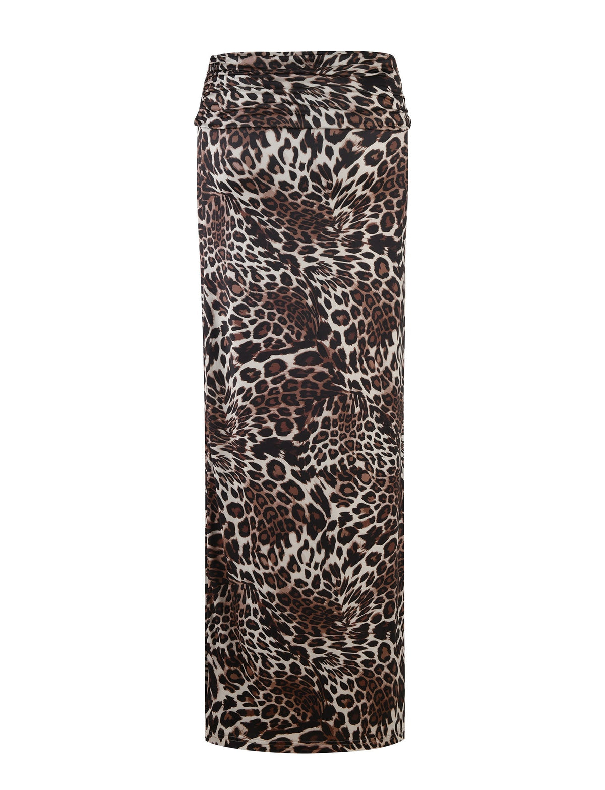 The Cynthia Maxi Skirt - Multi : Leopard from TigerMist is a long, floor-length pencil skirt featuring a bold leopard print pattern. This form-fitting, high-waisted design showcases various shades of brown, black, and white in the animal print.