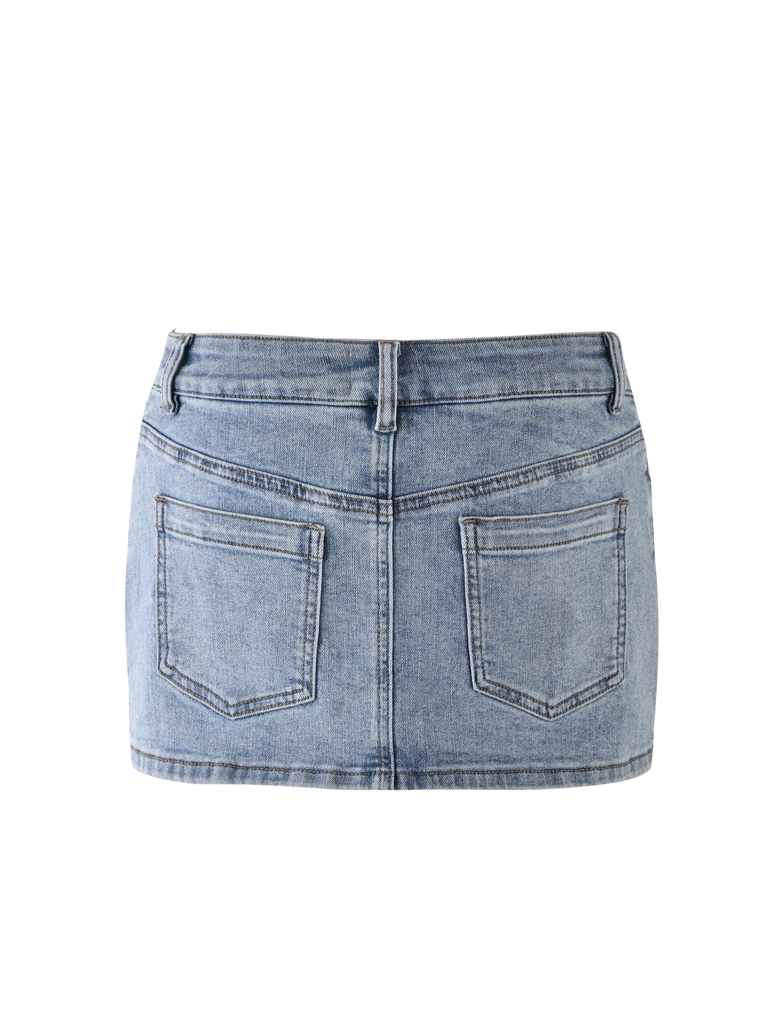 Back view of the TATYANA MINI SKORT - BLUE : LIGHT WASH : LIGHT DENIM from the TIGERMIST collection, featuring belt loops and two back pockets. The skort boasts a clean, simple design and visible stitching.