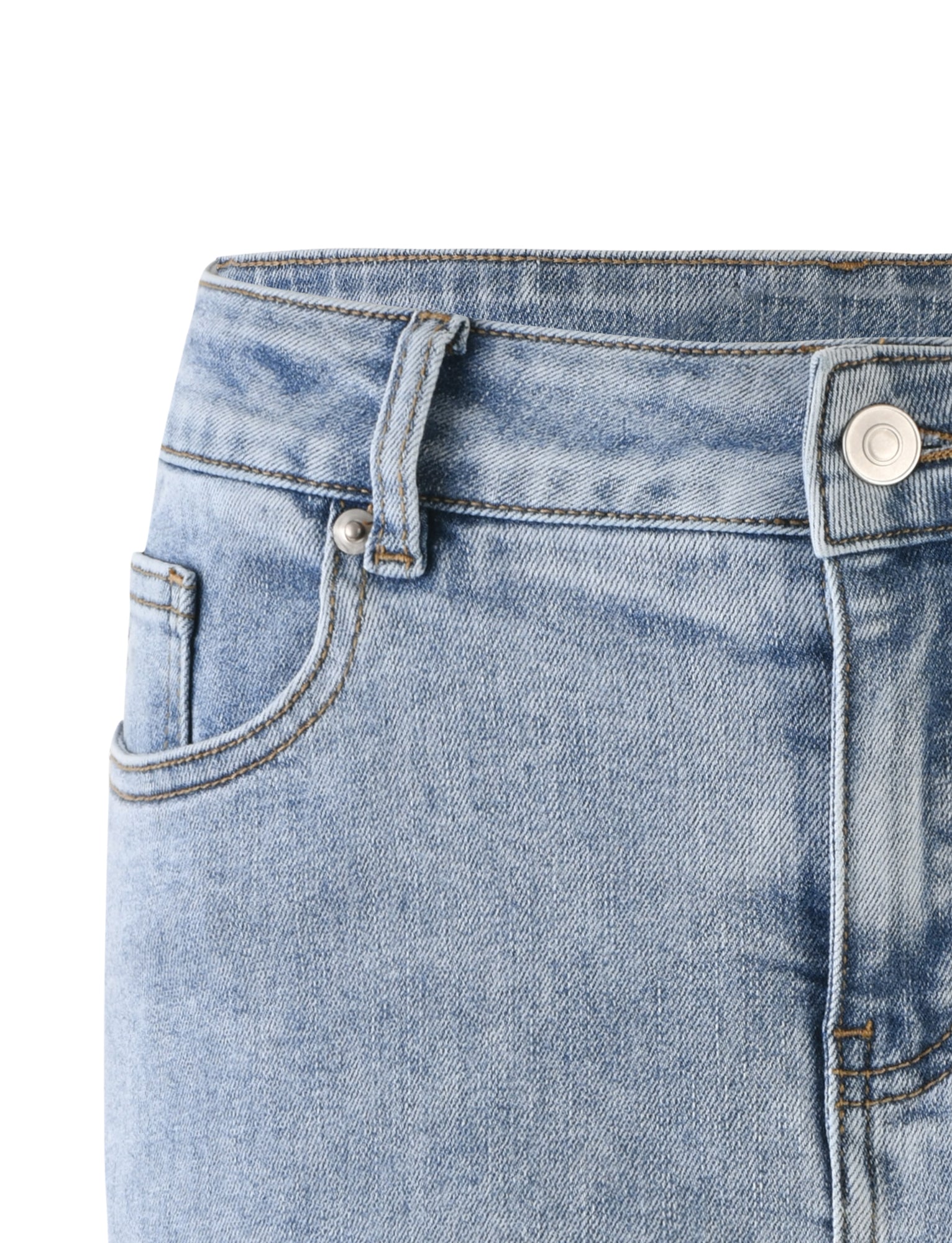 Close-up of the TIGERMIST TATYANA MINI SKORT in light wash blue denim, showing the upper section with a metal button fastening, belt loops, and a front pocket with visible stitching. The light denim fabric has a slightly worn texture, adding a casual look.