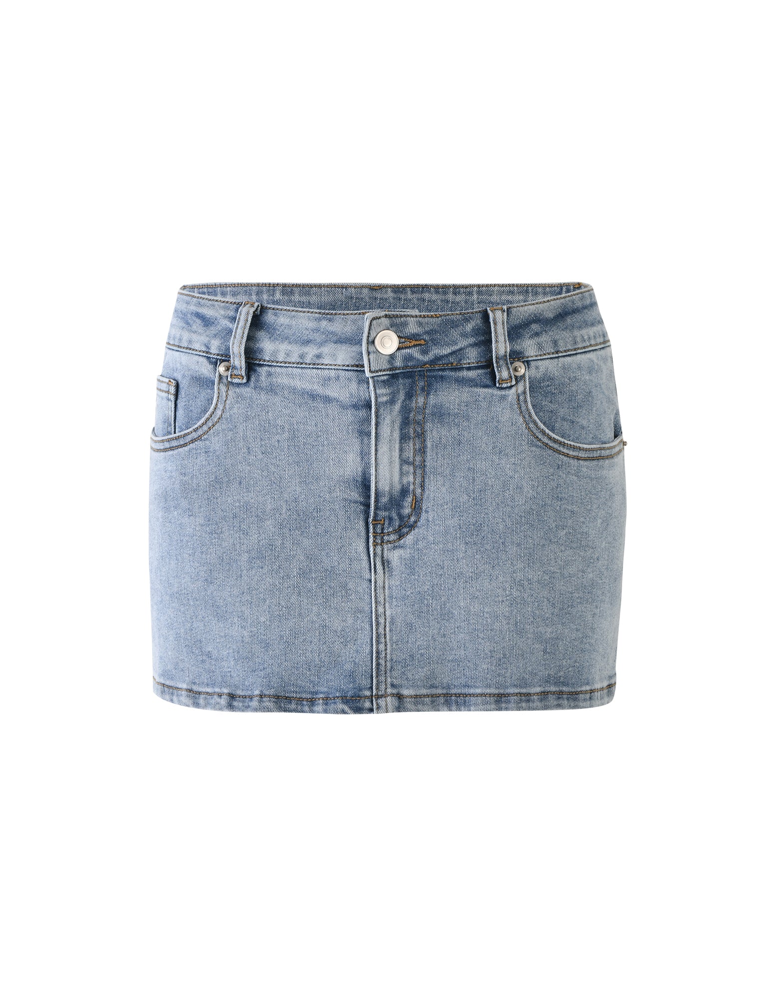 The TATYANA MINI SKORT from TIGERMIST in a light blue denim wash features a front button and zip closure. This skort includes front pockets, subtle fading for a slightly worn look, belt loops at the waist, and a straight hem.