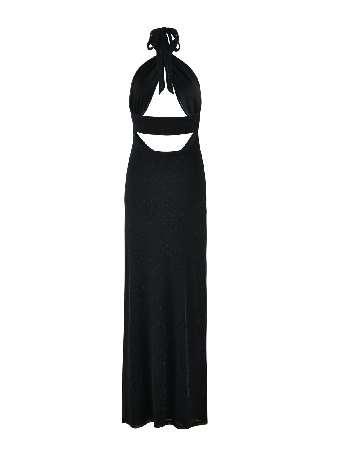 The TIANAH MAXI DRESS - BLACK from TIGERMIST is a sleeveless halter neck dress featuring a cutout design below the bust and a floor-length hem. The halter strap ties at the neck, and the fabric has a slight sheen.