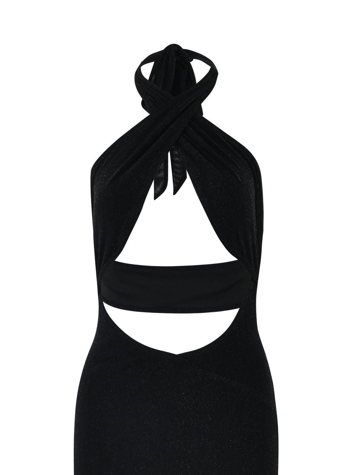 The TIANAH MAXI DRESS - BLACK from TIGERMIST is a sleek, sleeveless dress featuring a halter neck design. It boasts crossover detailing at the neckline and bold cut-out sections at the chest and waist, creating a striking, stylish look with its slightly shiny or glittery fabric.