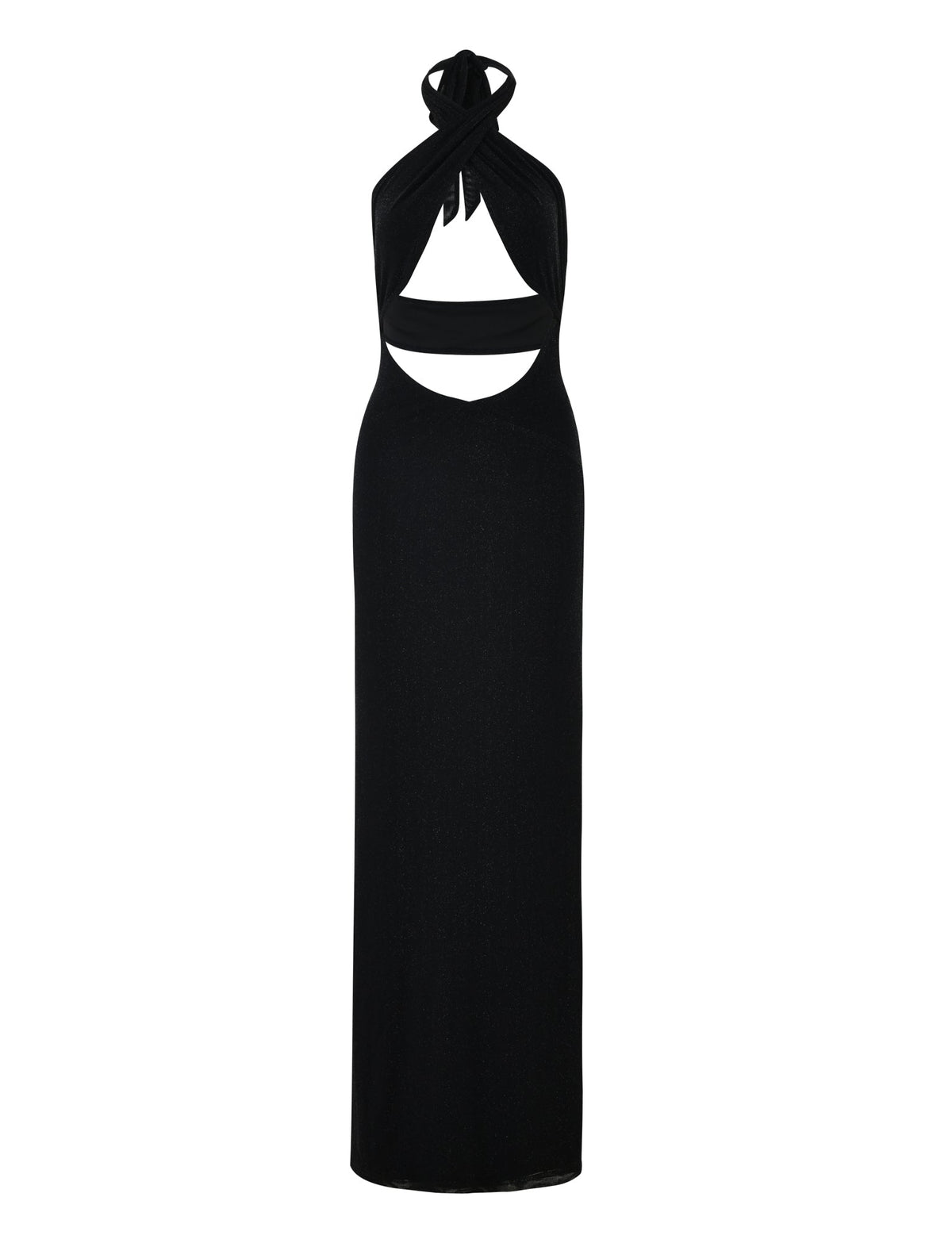 Introducing the TIGERMIST TIANAH MAXI DRESS - BLACK: This sophisticated sleeveless evening gown features a halter neckline, a chic cutout design at the chest, and an alluring open back. The long, fitted dress flows gracefully to the floor, creating an elegant silhouette.