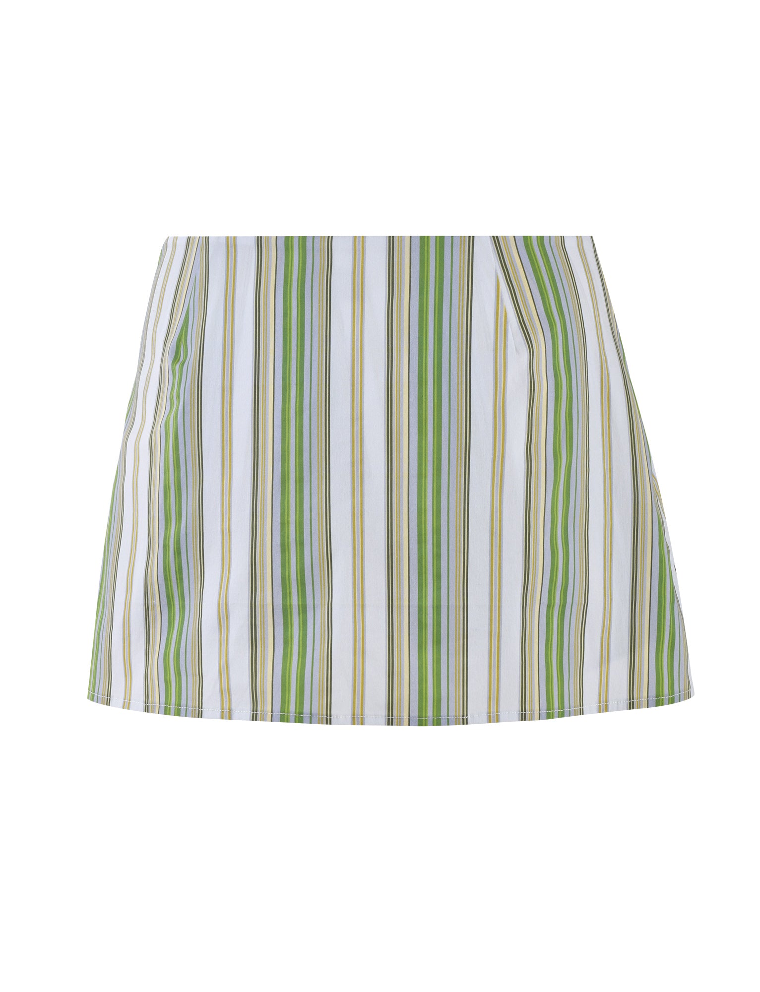 Introducing the LILIOSA SKORT by TIGERMIST - a chic piece featuring vertical green, yellow, and white stripes. This skort has a slightly flared A-line shape that sits elegantly at the waist. Made from lightweight fabric with a crisp texture, it offers comfort without any additional embellishments or patterns beyond the classic stripes.