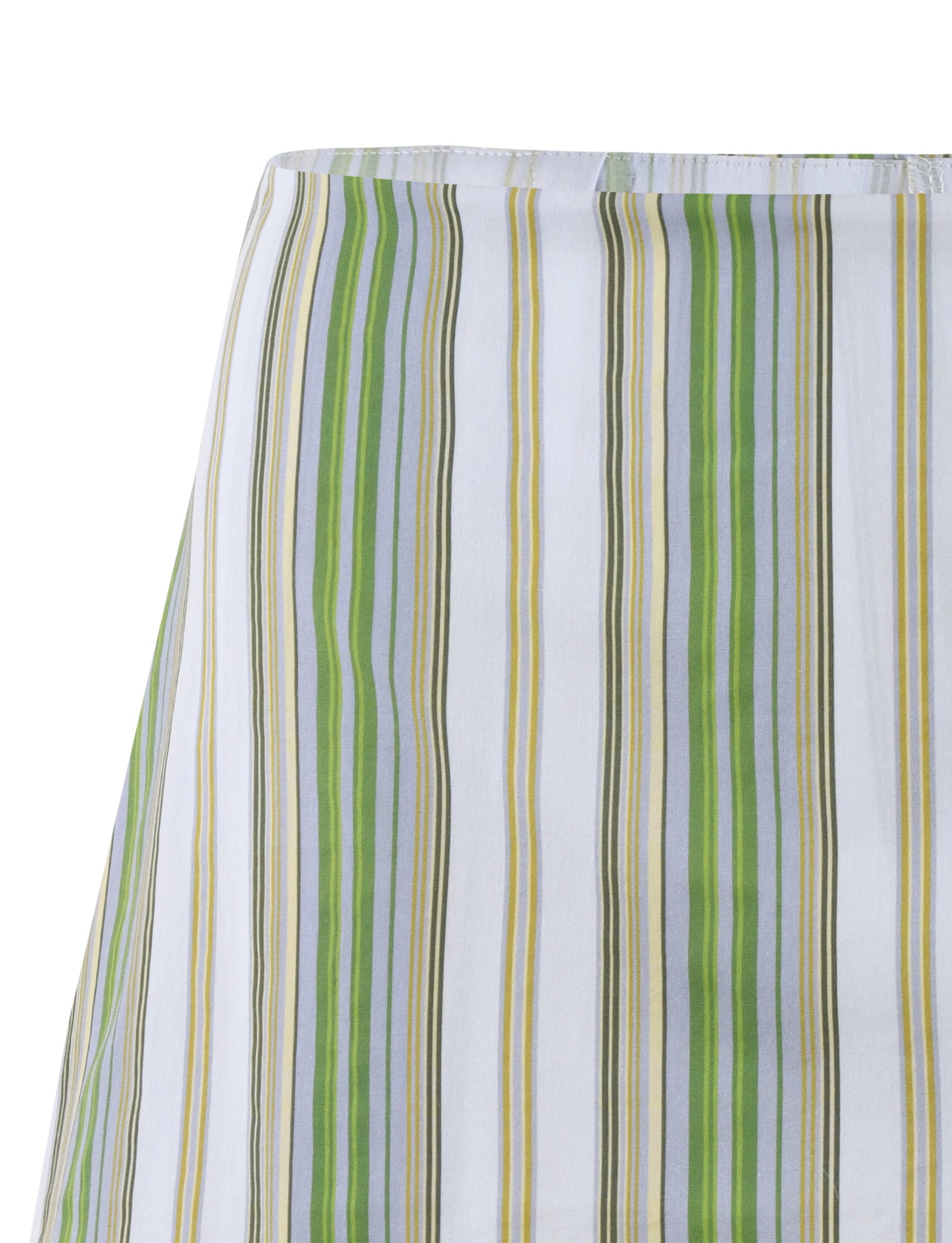 A close-up image of the fabric from the LILIOSA SKORT - GREEN : STRIPE by TIGERMIST features vertical stripes in shades of green, yellow, and ivory. The white background accentuates the colored stripes distinctly, with a consistent pattern and no visible interruptions.