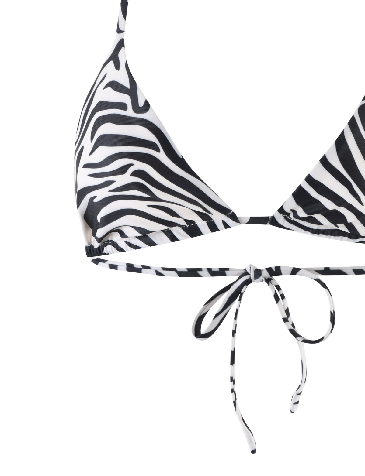 A close-up image of the TIGERMIST DIVINA BIKINI TOP - BLACK : ZEBRA, showcasing its triangular cups and thin straps. It features black and white zebra stripes, with a tie-front detail at the bottom center. The fabric appears to be smooth and stretchy.