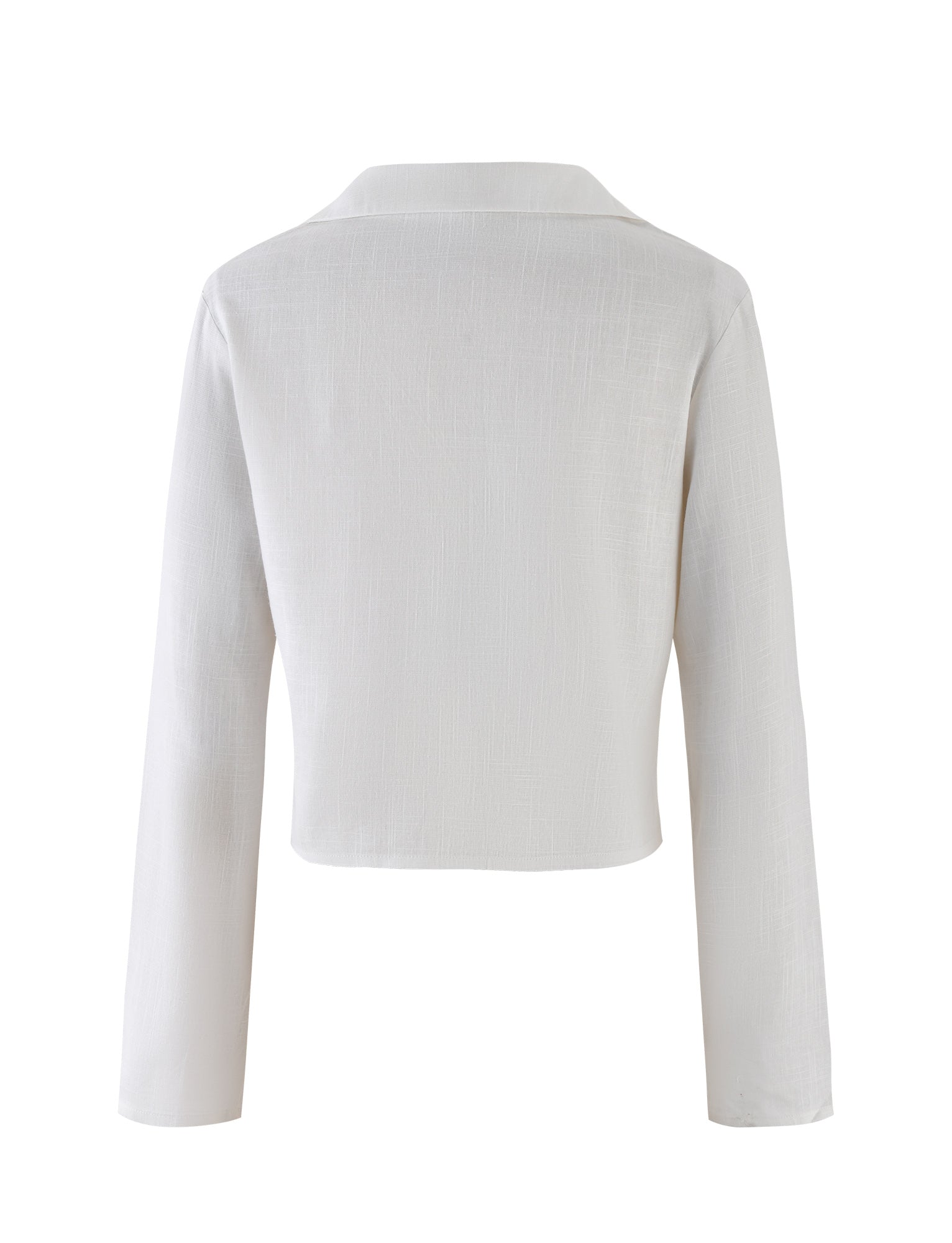 The image shows the back view of the AIDEN TOP - WHITE, a long-sleeve blouse from TIGERMIST. This cropped blouse features a collar and elegant design that rests above the waist. The lightweight fabric has a slightly textured finish, adding to its simple yet sophisticated look.