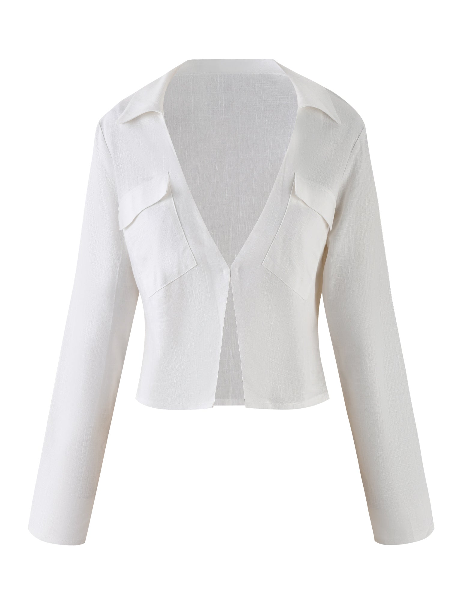The AIDEN TOP from TIGERMIST is a chic, white, long-sleeve open-front blouse that features two chest pockets. Designed with a collar and made from lightweight, semi-transparent fabric, it exudes a relaxed yet elegant style. Its minimalist design is accentuated by the absence of buttons or fasteners.