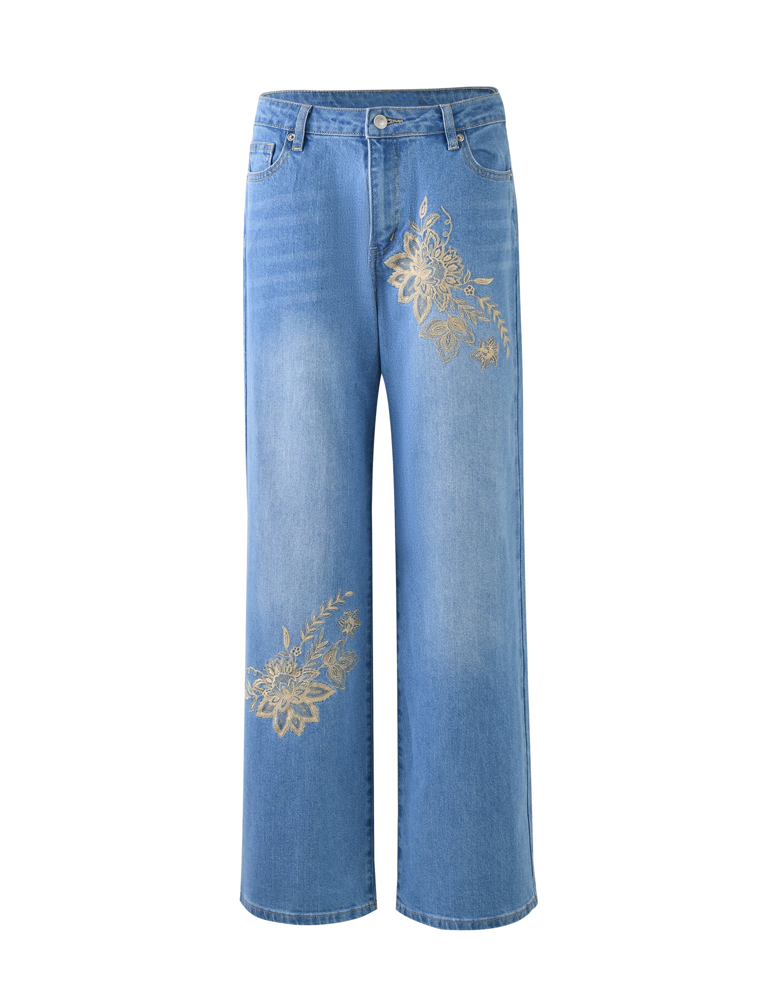A pair of mid blue VEGA JEAN from TIGERMIST, made from denim with a high waist and wide legs. These jeans feature intricate gold floral embroidery on the right hip and left knee areas, classic front and back pockets, and a button and zipper closure at the waist.