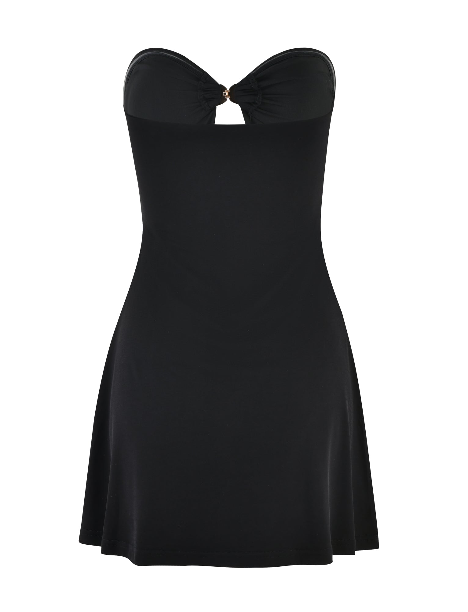 The CECILY MINI DRESS - BLACK by TIGERMIST features a black sleeveless design with a sweetheart neckline and a cinched knot detail at the bust. The dress boasts a form-fitting bodice and flares slightly towards the hem.