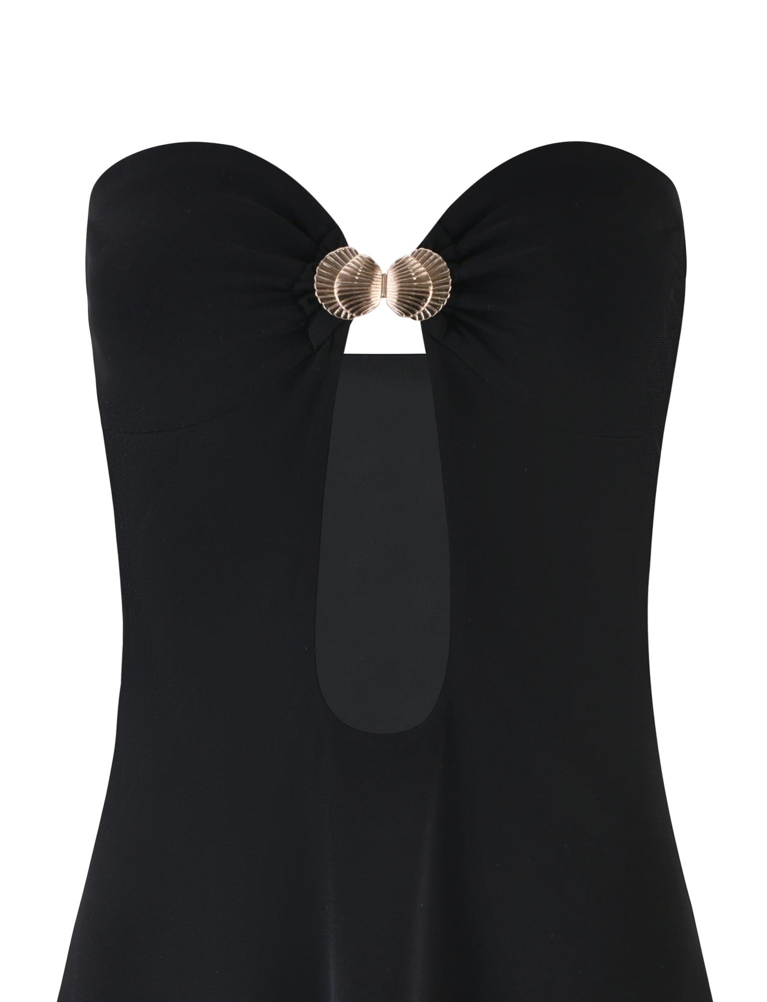 The CECILY MINI DRESS - BLACK by TIGERMIST is a strapless dress featuring a sweetheart neckline and a gold shell-shaped decoration at the center front, where the fabric gathers under the bust to create a keyhole opening. The background is plain white.