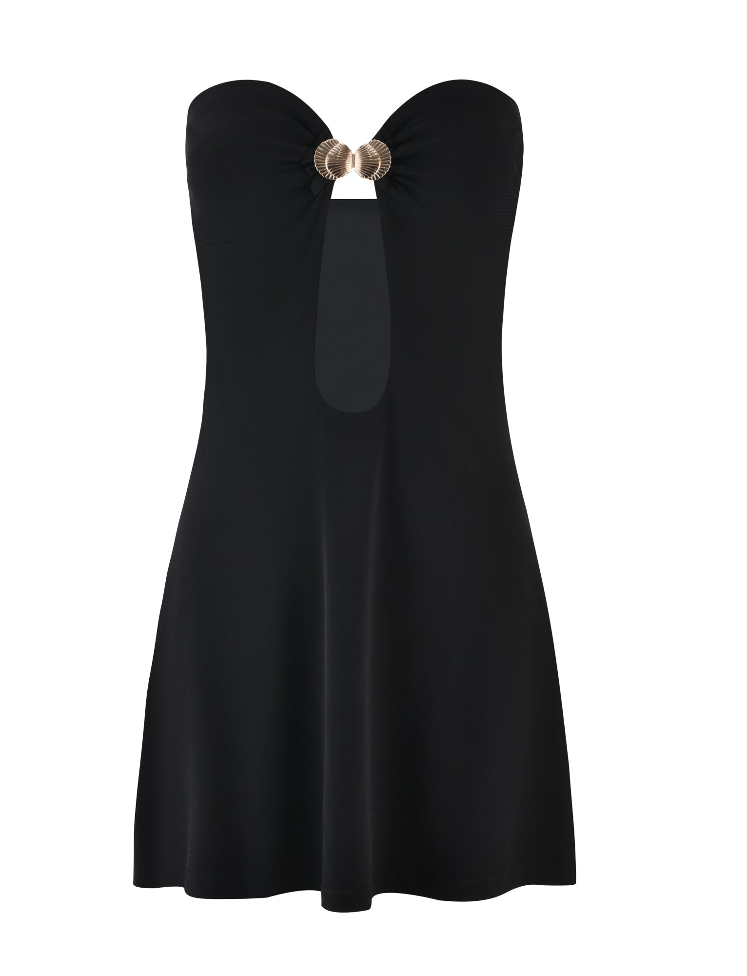 The CECILY MINI DRESS - BLACK by TIGERMIST is a strapless dress with a sweetheart neckline. It features a keyhole cutout at the chest, gathered with a gold metallic ring detail. The dress is fitted at the top and flows loosely towards the hem.