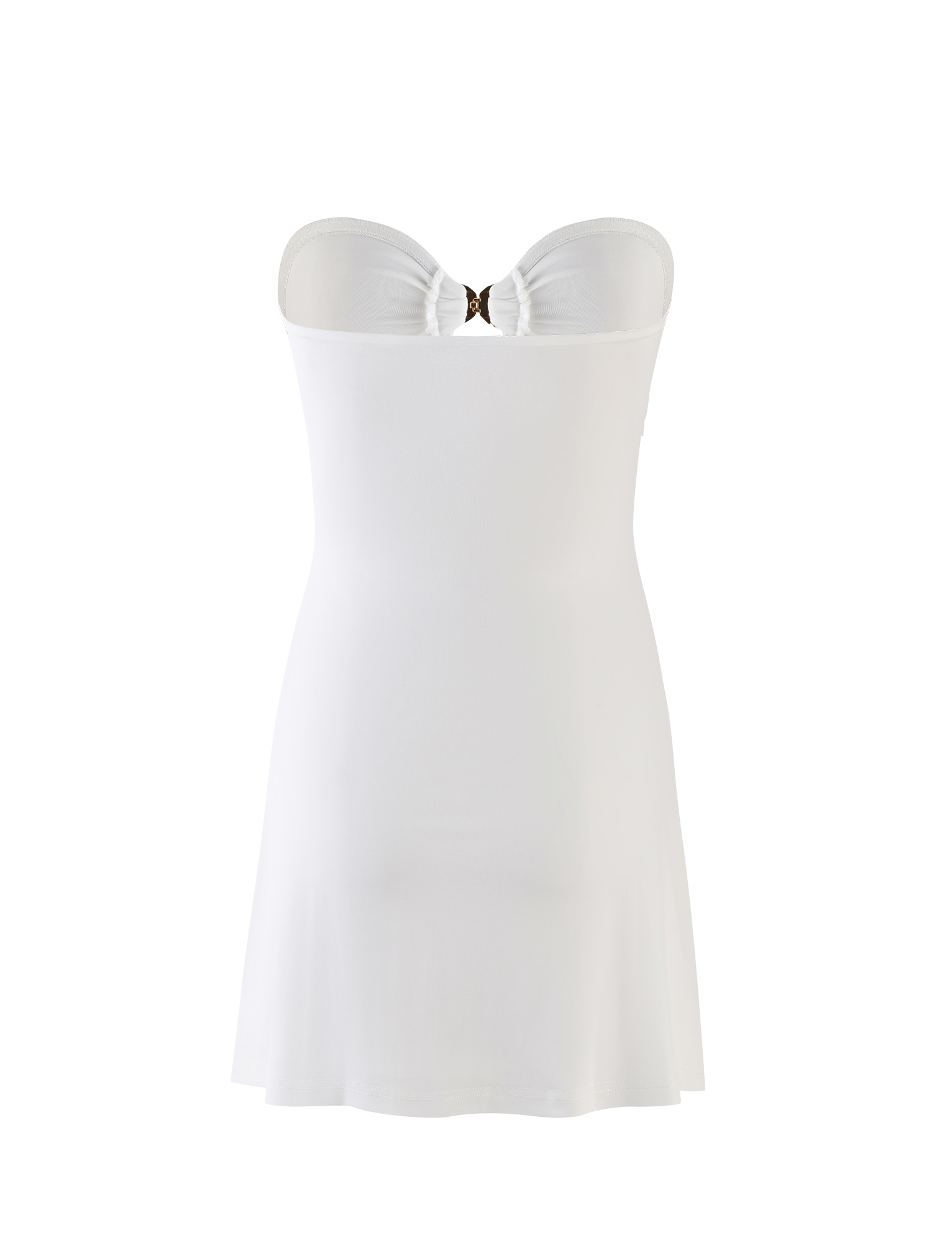 The CECILY MINI DRESS - WHITE by TIGERMIST is a strapless, knee-length dress with a sweetheart neckline and subtle bust detail, offering a simple, elegant, and fitted silhouette.