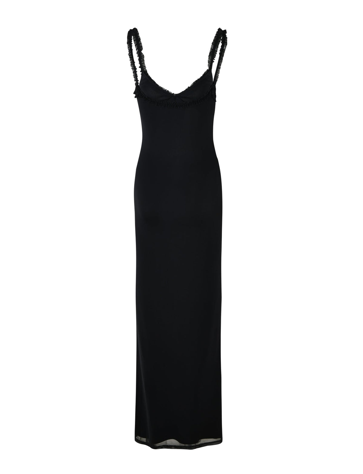 The RAYLA DRESS - BLACK from TIGERMIST is a sophisticated long black dress featuring thin, ruffled straps and a slightly fitted silhouette. The curved neckline is adorned with subtle ruffle detailing, and the smooth, elegant fabric gives it a refined appearance. The floor-length hemline adds to its sleek and sophisticated look.