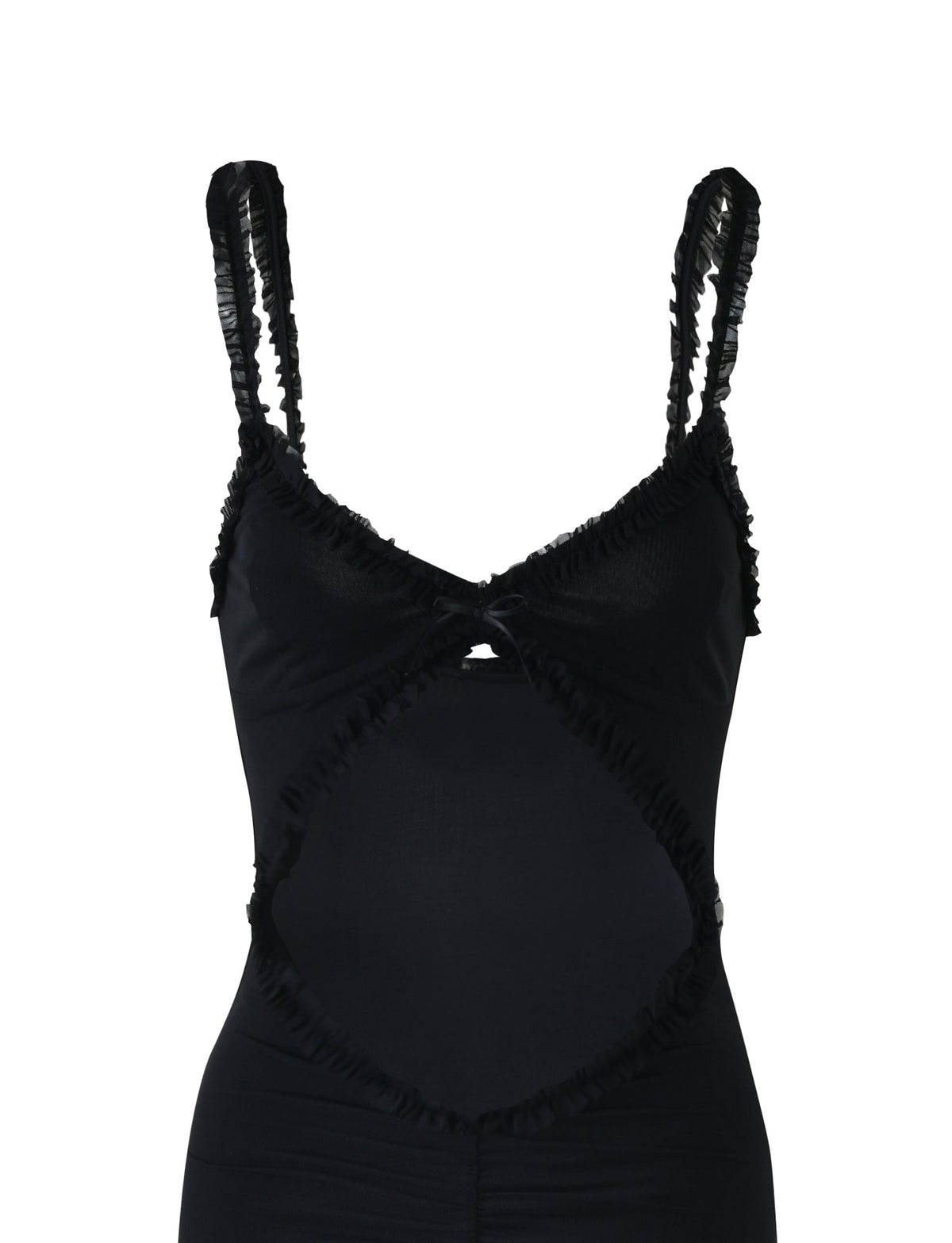The RAYLA DRESS - BLACK by TIGERMIST is a black, sleeveless bodycon dress featuring spaghetti straps and ruffled edges. It boasts a chic cutout section below the bust for a stylish, contemporary look, with form-fitting fabric that accentuates the figure.