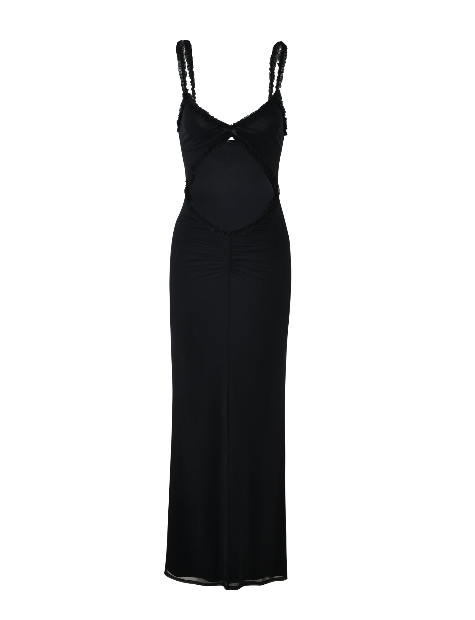 A sleeveless, floor-length dress called the RAYLA DRESS - BLACK from TIGERMIST, featuring a body-hugging silhouette. This elegant dress has intricate cut-out details at the midsection and delicate lace embellishments on the shoulder straps and cut-out areas. The fabric is smooth and slightly stretchy.