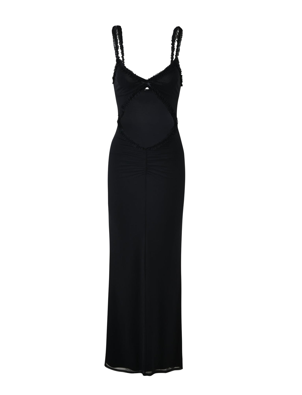 A sleeveless, floor-length dress called the RAYLA DRESS - BLACK from TIGERMIST, featuring a body-hugging silhouette. This elegant dress has intricate cut-out details at the midsection and delicate lace embellishments on the shoulder straps and cut-out areas. The fabric is smooth and slightly stretchy.