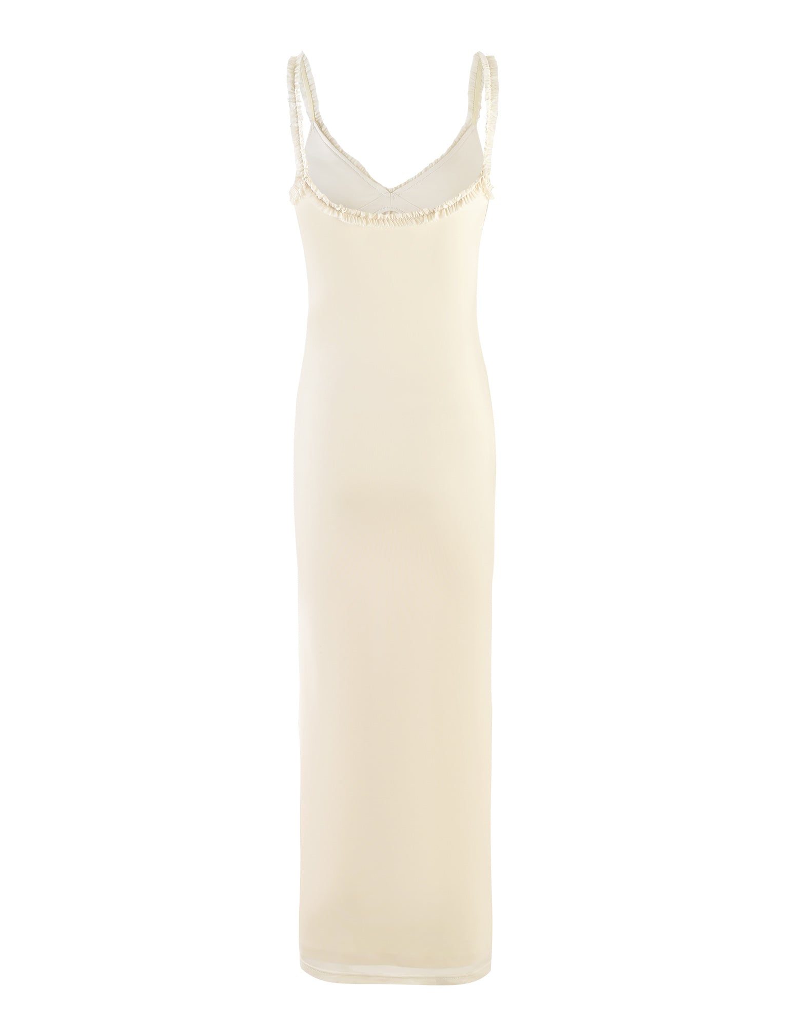 The Rayla Dress - White : Cream from Tiger Mist is a sleeveless, form-fitting dress with a knee-length hem. It features thin straps and a delicate trim along the neckline and armholes. The fabric has a smooth, slightly sheer texture.