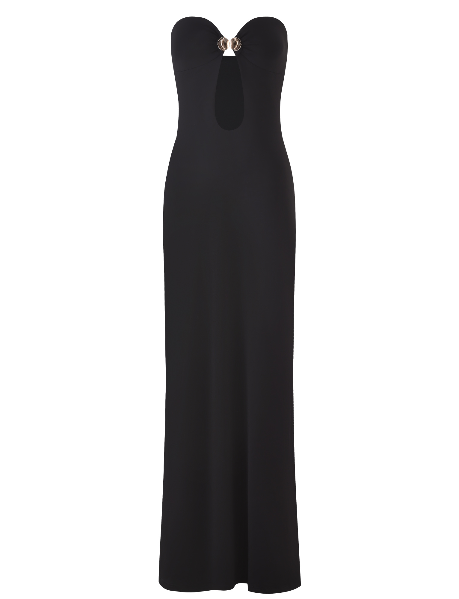 The TIGERMIST CECILY MAXI DRESS - BLACK features a strapless, sweetheart neckline with chest ring detail and a keyhole cutout. Fitted at the top, this elegant maxi dress flows to the floor.