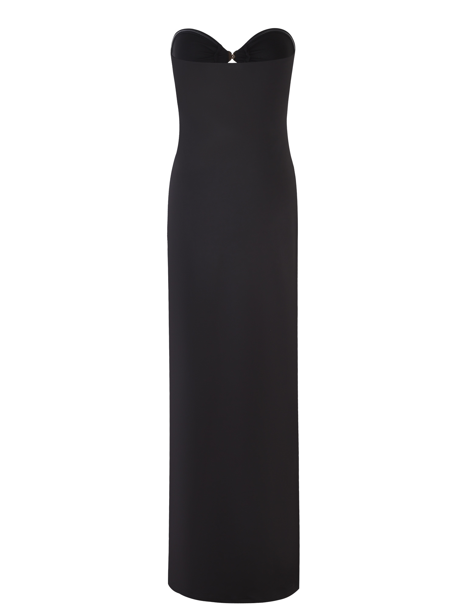 The TIGERMIST CECILY MAXI DRESS in black features a strapless sweetheart neckline, fitted bodice, and straight silhouette, elegantly showcased against a white background.