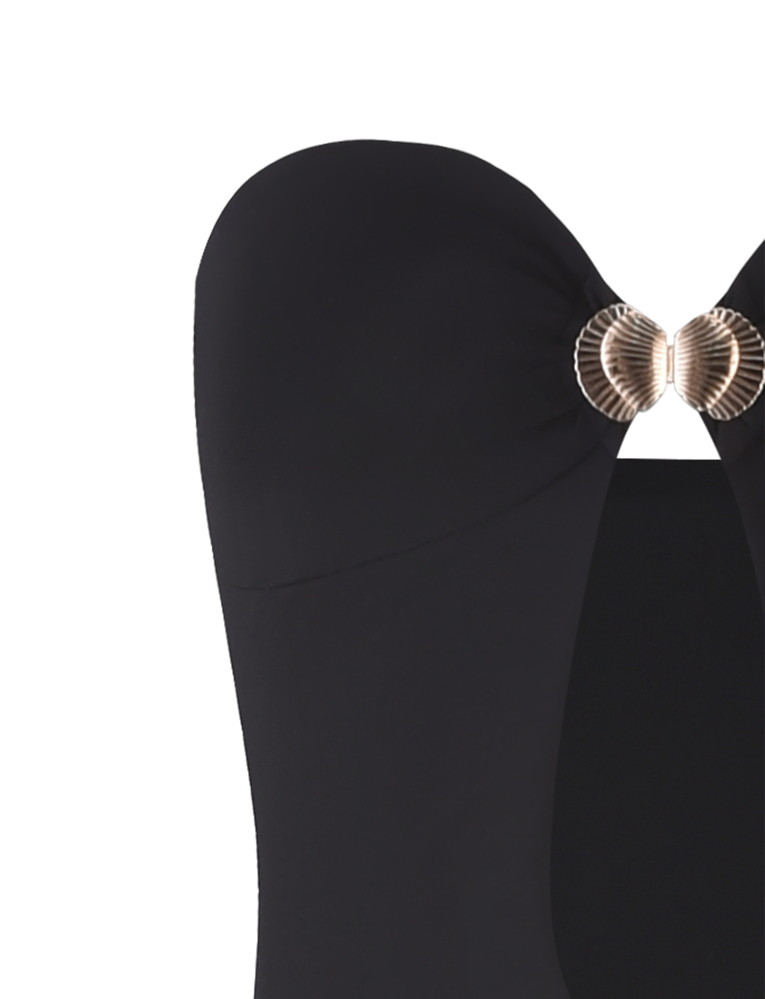 A close-up of the TIGERMIST CECILY MAXI DRESS in black, showcasing a gold shell-shaped accent at the center and a flattering sweetheart neckline.