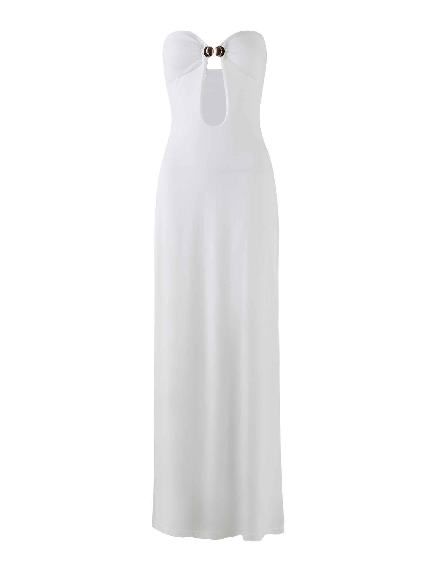 The TIGERMIST CECILY MAXI DRESS - WHITE is a strapless, floor-length dress featuring a fitted silhouette, keyhole cutout under the bust, gathered chest detail, and a metallic accent at the center.