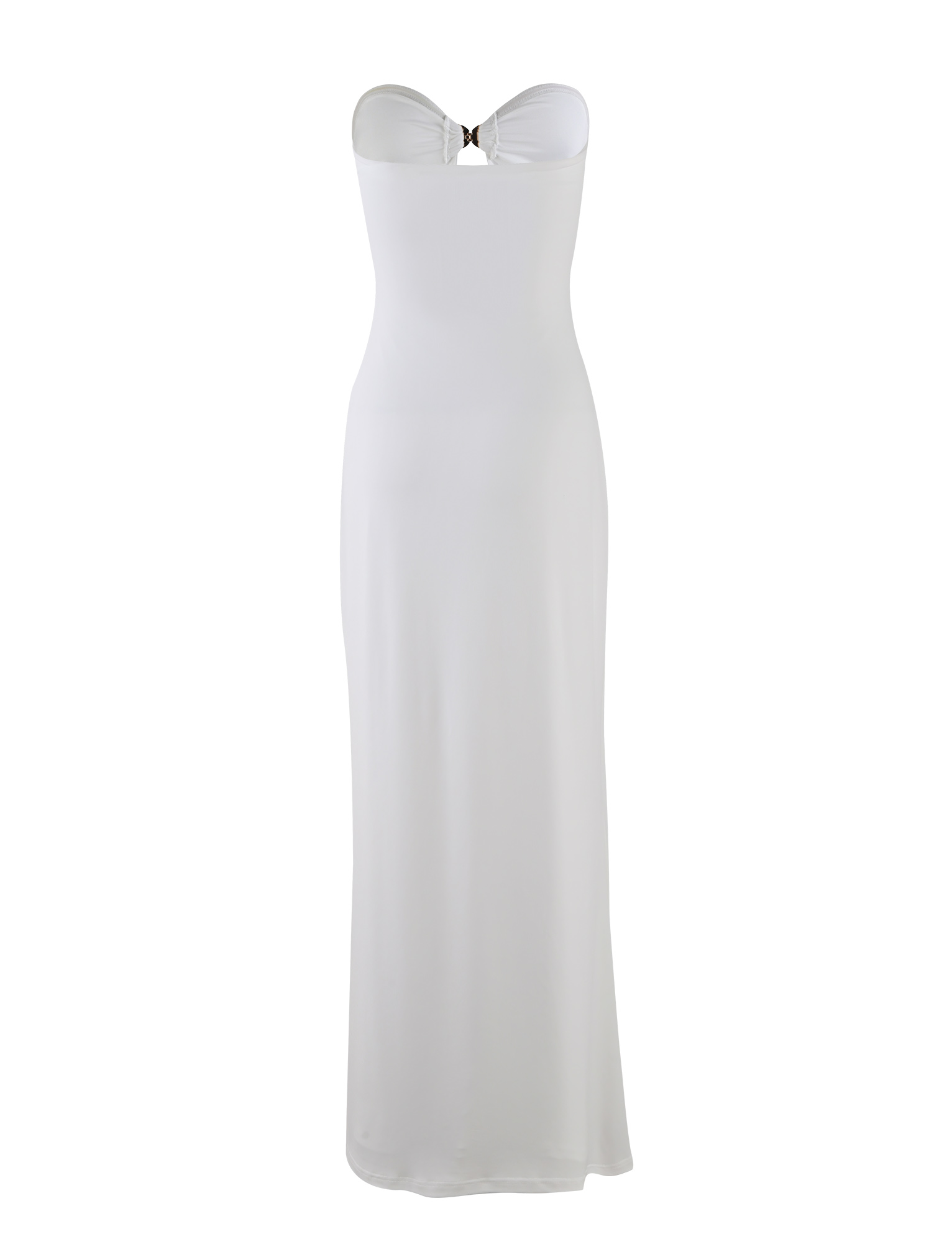 The TIGERMIST CECILY MAXI DRESS in white is a strapless maxi with a fitted silhouette, sweetheart neckline, and a subtle decorative accent at the bust center.