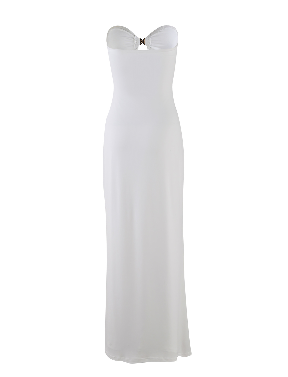 The TIGERMIST CECILY MAXI DRESS in white is a strapless maxi with a fitted silhouette, sweetheart neckline, and a subtle decorative accent at the bust center.
