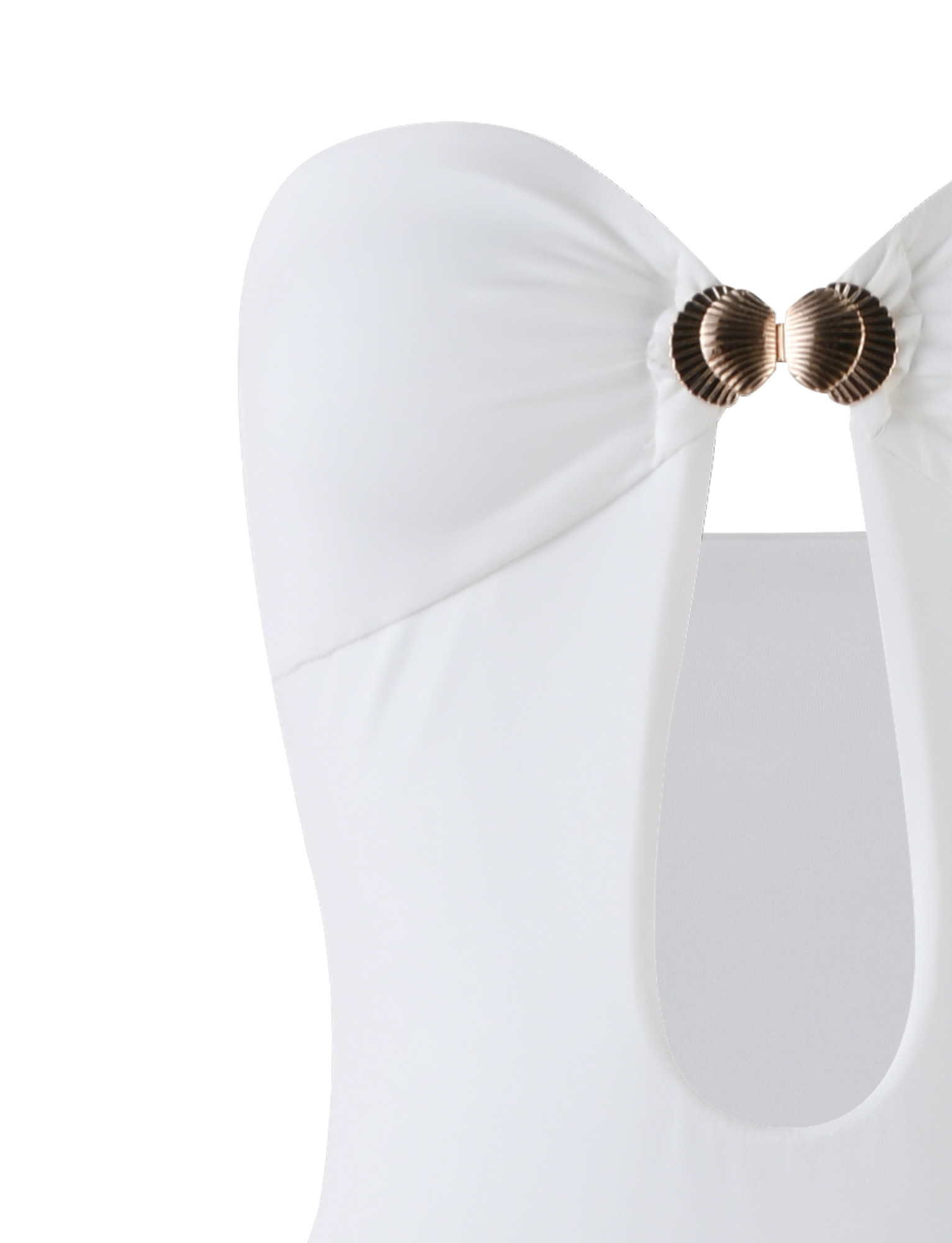 The CECILY MAXI DRESS by TIGERMIST is a white strapless dress with a sweetheart neckline, metallic gold shell-shaped accents at the bust, and slight ruching for a flattering fit.