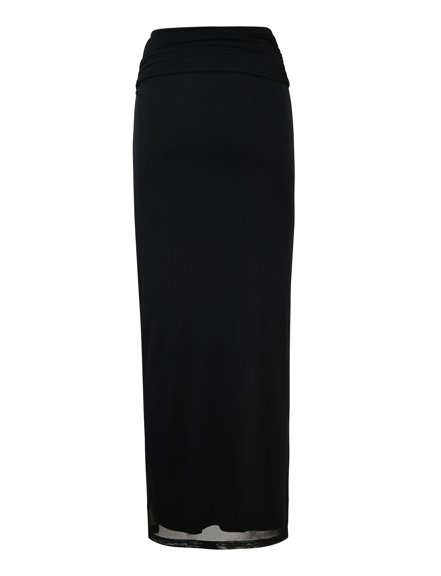 Introducing the CYNTHIA MAXI SKIRT - BLACK from TIGERMIST: a long, high-waisted skirt with a fitted silhouette and a smooth, seamless finish. This Tiger Mist classic extends to ankle-length and features a slightly ruched detail at the waist. The fabric appears soft and flexible, making it suitable for both casual and formal wear.