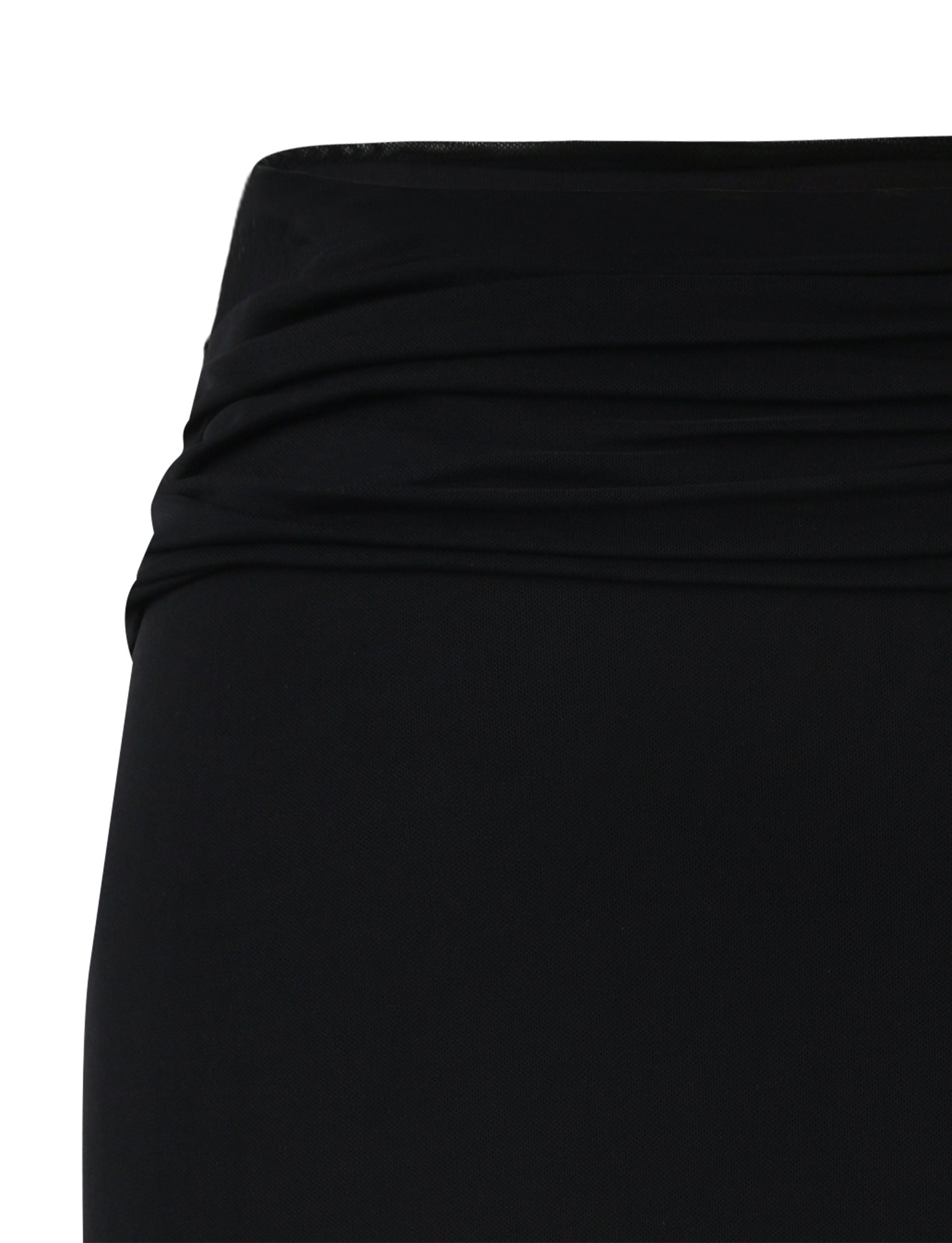 A close-up of the CYNTHIA MAXI SKIRT - BLACK by TIGERMIST, showcasing the waistband area. The skirt features a ruched design near the top, adding texture and visual interest. The fabric appears smooth and slightly stretchy, exemplifying TIGERMIST's attention to detail and quality.