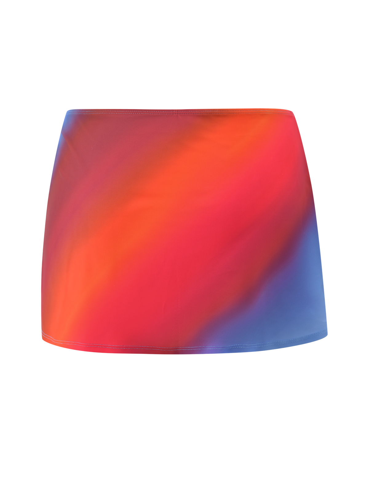 The DIANA SWIM SKIRT SET by TIGERMIST showcases a vibrant ombre stripe in red, orange, pink, and blue blending diagonally on a white background.