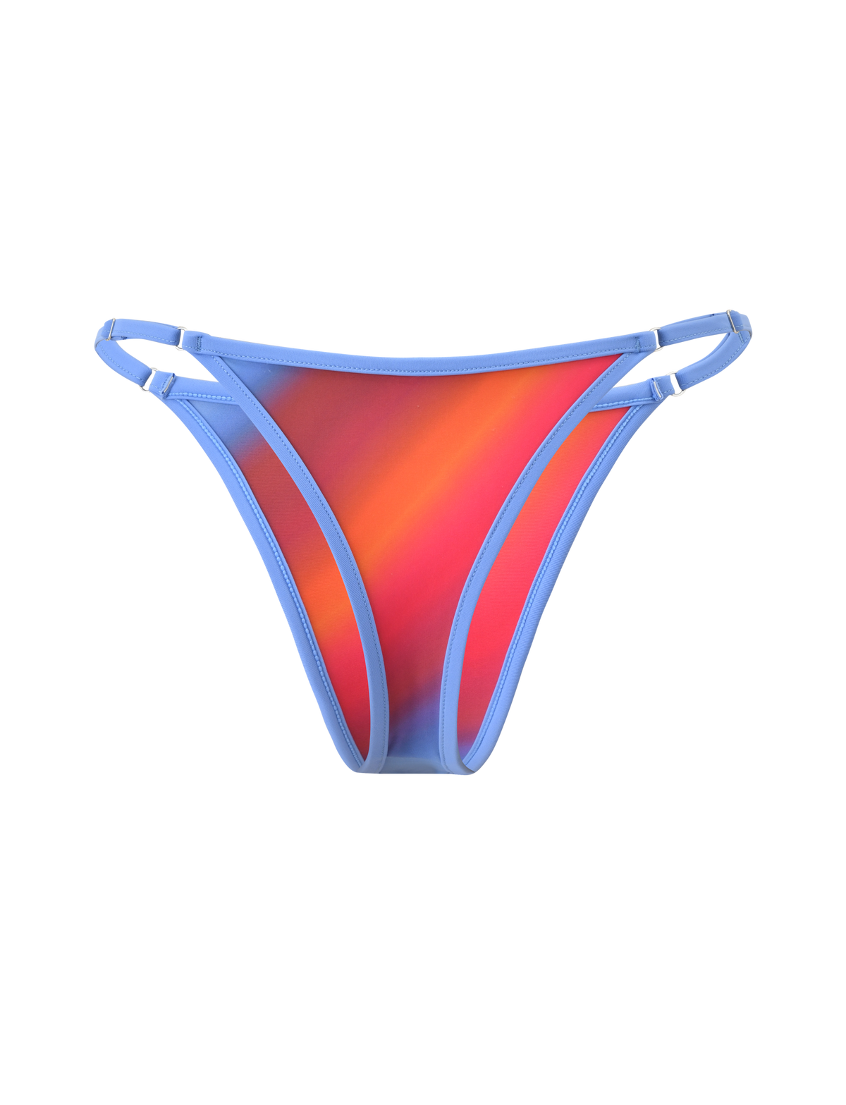 The TIGERMIST DIANA SWIM SKIRT SET - CIELO OMBRE features a bikini bottom with light blue trim, double side straps, and an ombre stripe pattern in red, orange, and pink on a plain white background.