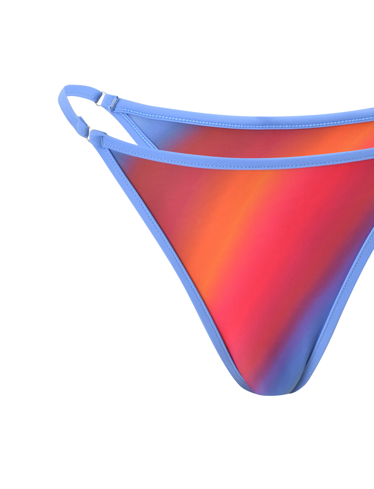 A close-up of the TIGERMIST DIANA SWIM SKIRT SET - CIELO OMBRE, featuring a gradient design in red, orange, and blue with light blue trim and double side straps against a plain white background.