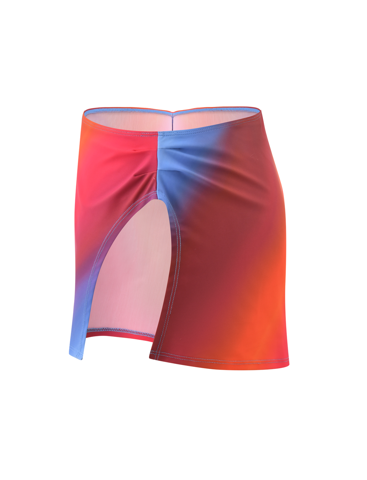 The TIGERMIST DIANA SWIM SKIRT SET in CIELO OMBRE features a short, fitted swim skirt with a side slit and an ombre stripe gradient of red, blue, and orange hues, shown on a plain white background.