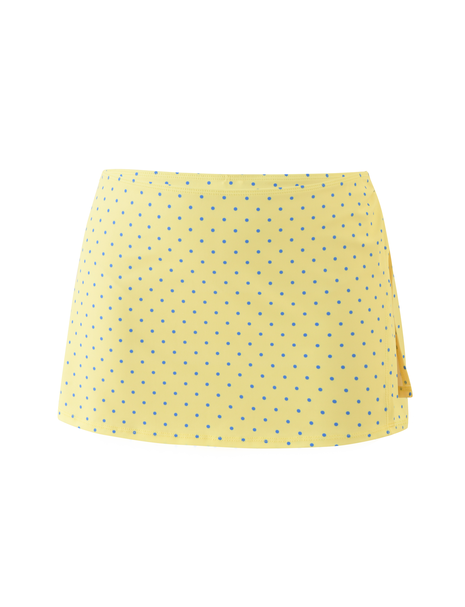 The TIGERMIST DIANA SWIM SKIRT SET - LEMON AND BLUEBERRY SPOT features a yellow swim skirt with blue polka dots and a short side slit, shown against a plain white background.
