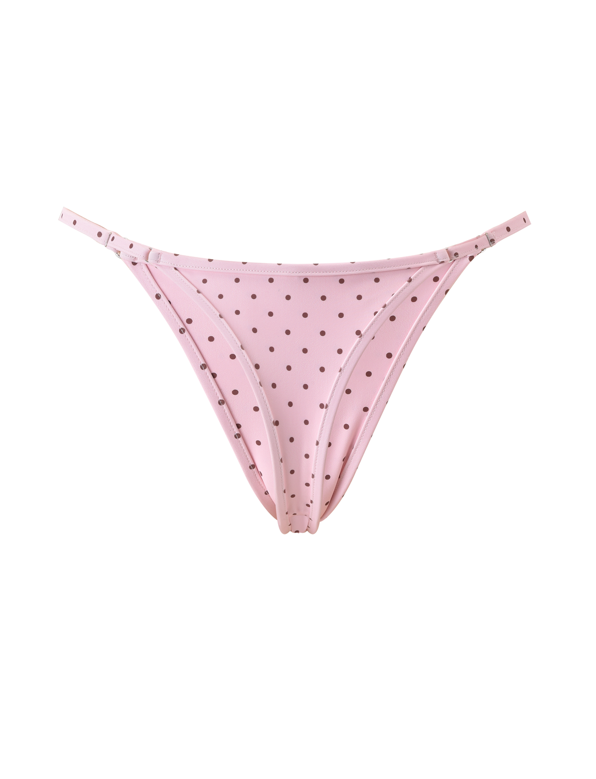 The DIANA SWIM SKIRT SET - PINK POLKA DOT by TIGERMIST features a bikini-style bottom with thin side straps and evenly spaced black polka dots, shown on a plain white background.
