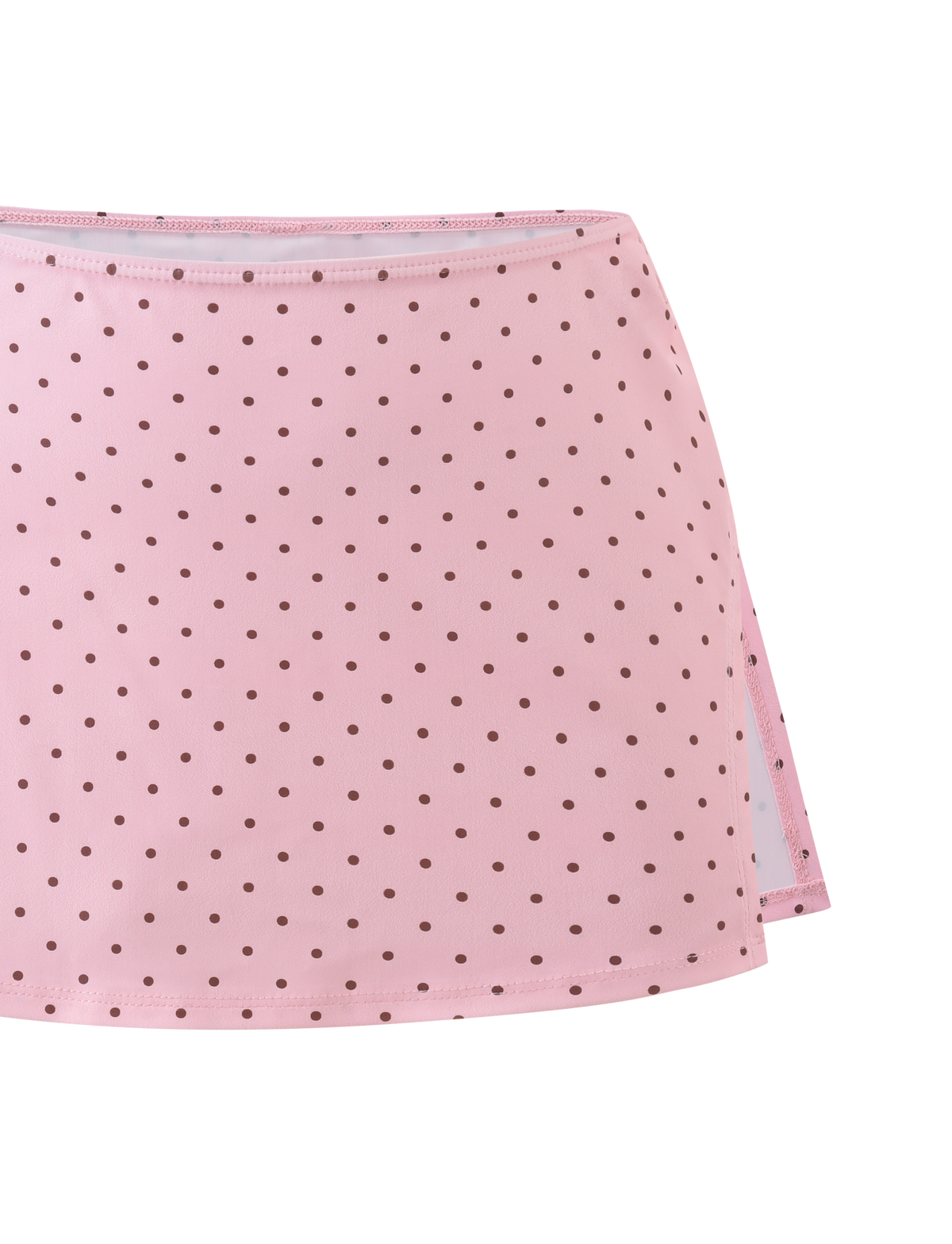 The TIGERMIST DIANA SWIM SKIRT SET in pink polka dot features small brown spots and a side slit, showcased on a plain white background.