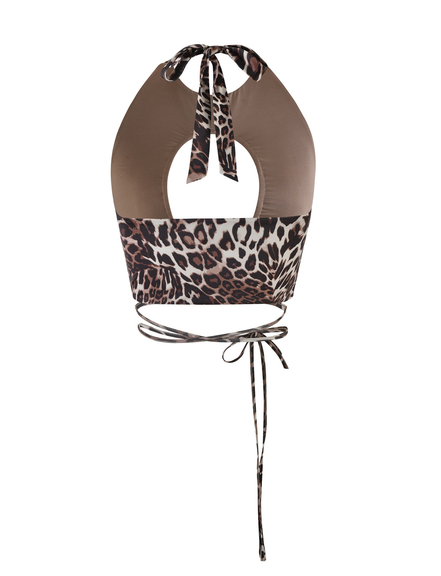 The CYNTHIA TOP - MULTI : LEOPARD from TIGERMIST is a halter-neck crop top with a keyhole cutout, featuring a leopard print design. The top ties at the neck and back with long, thin straps. The upper portion of the top is solid brown, while the lower part showcases a bold leopard pattern.