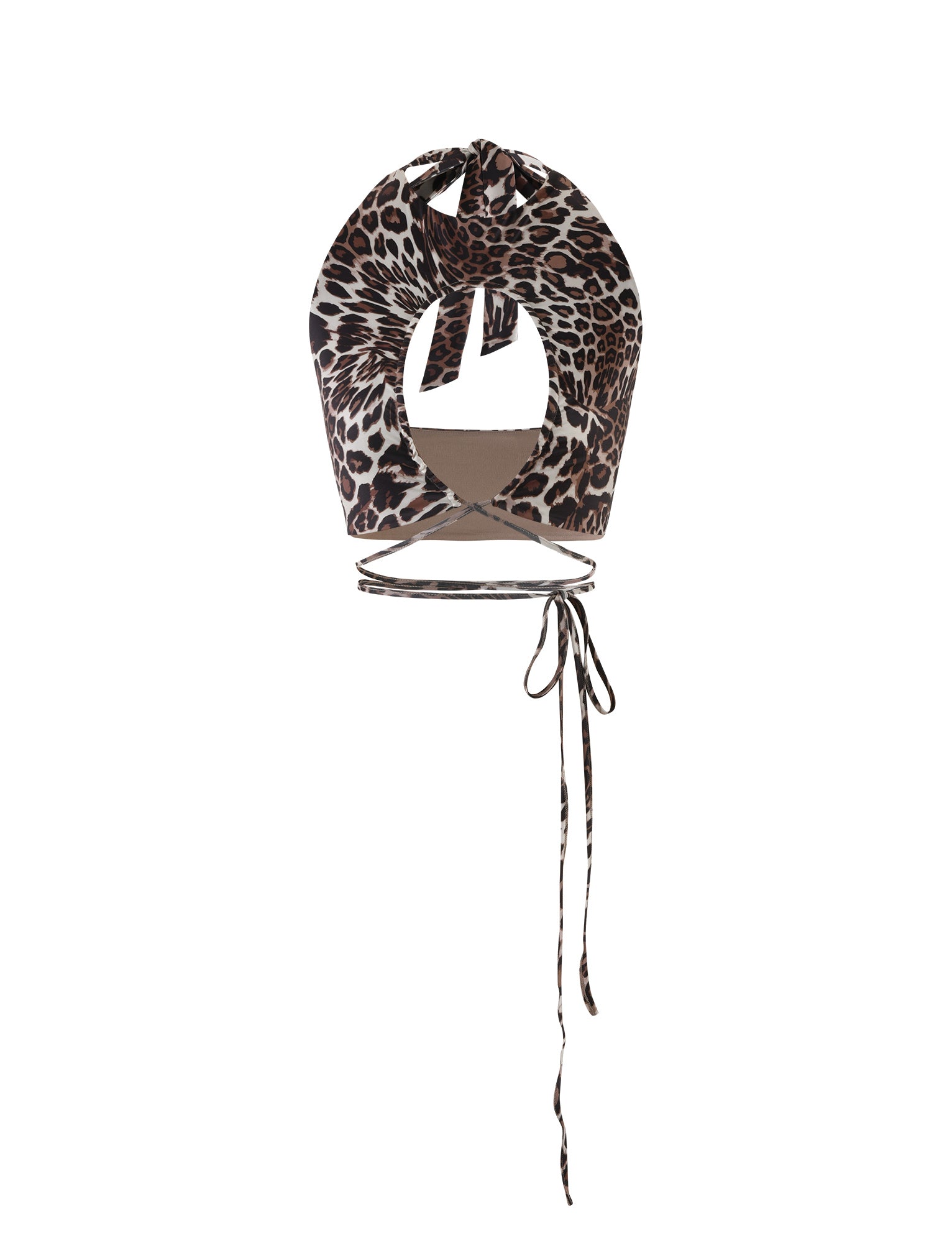 The TIGERMIST CYNTHIA TOP - MULTI: LEOPARD is a cropped halter top featuring a leopard print design. It includes a tie detail at the neck, an open back with two straps that wrap around the waist, and is made from stretchy and fitted fabric.